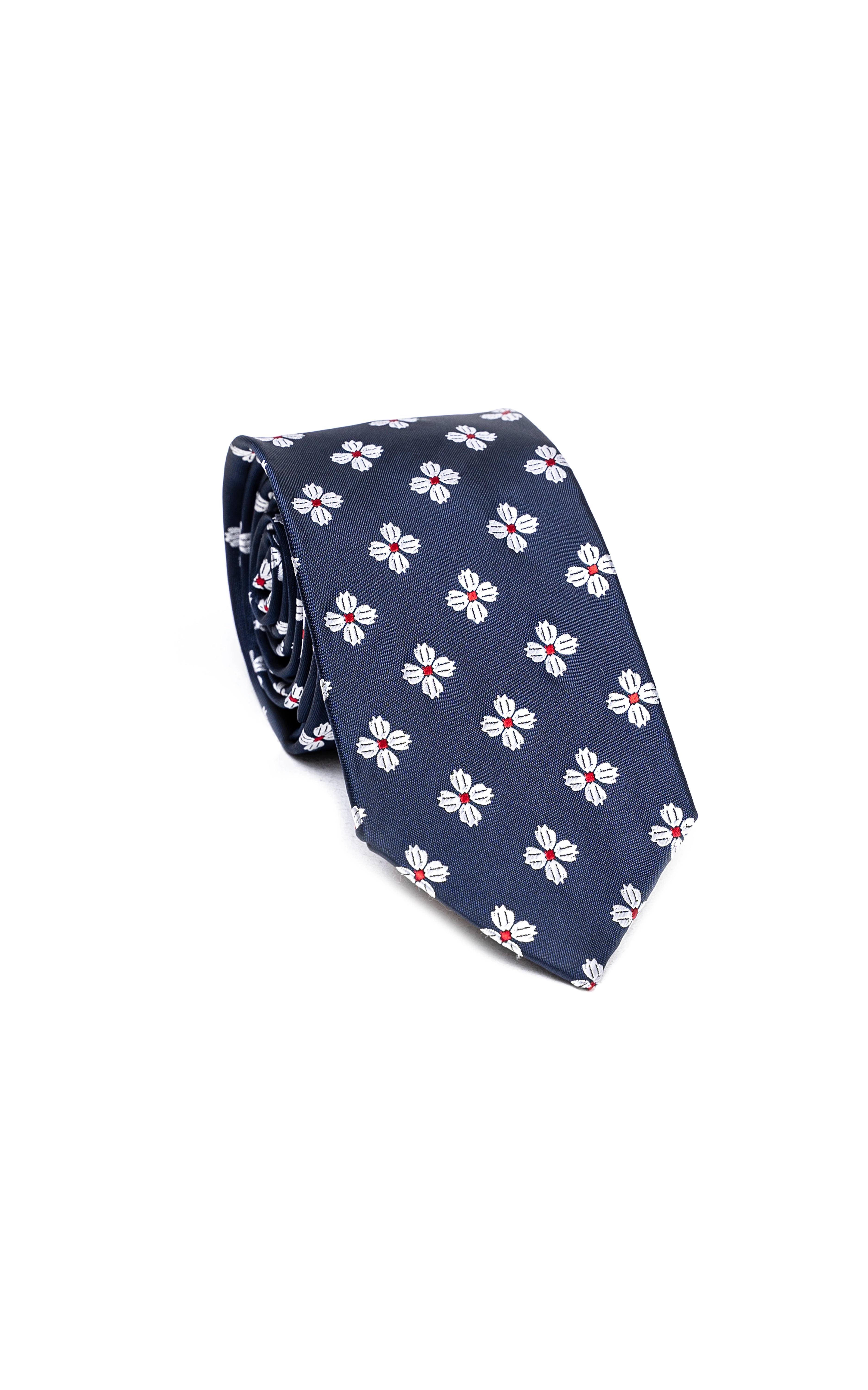 Navy poly silk tie with white and pink flower pattern, side view