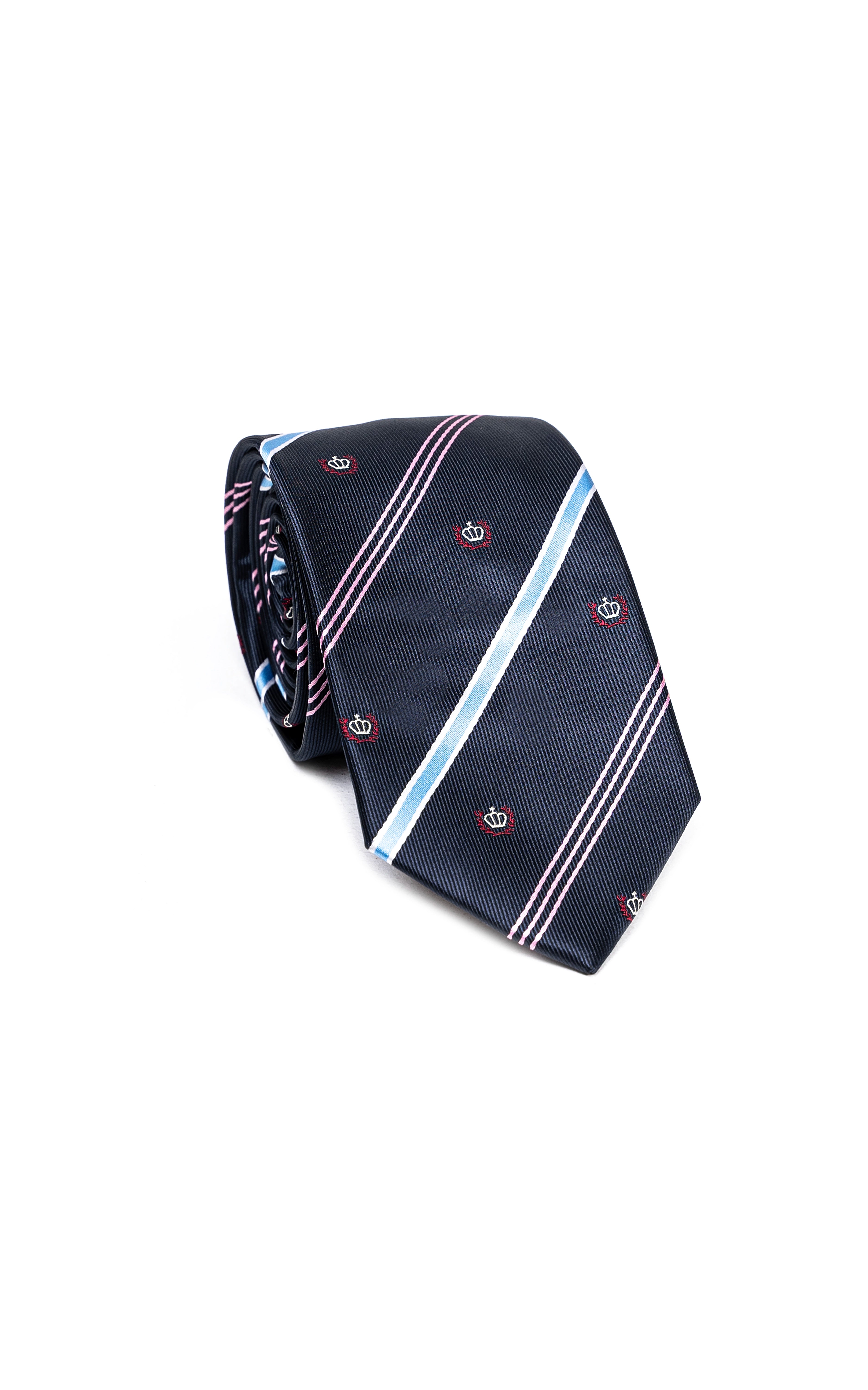 Poly silk tie in dark navy with light blue stripes and small red motifs, rolled