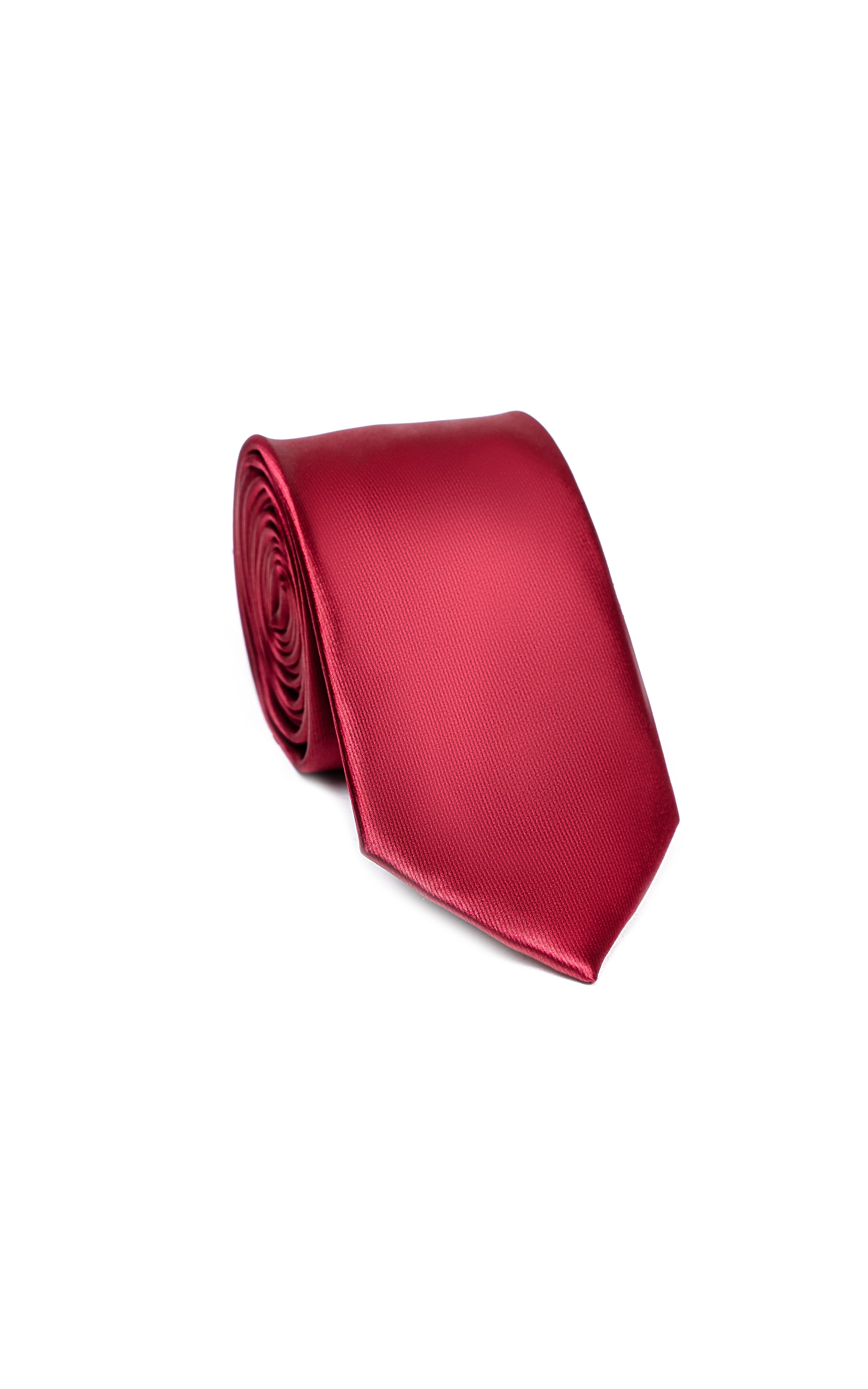 Poly silk tie, dark red rolled knot with pointed end