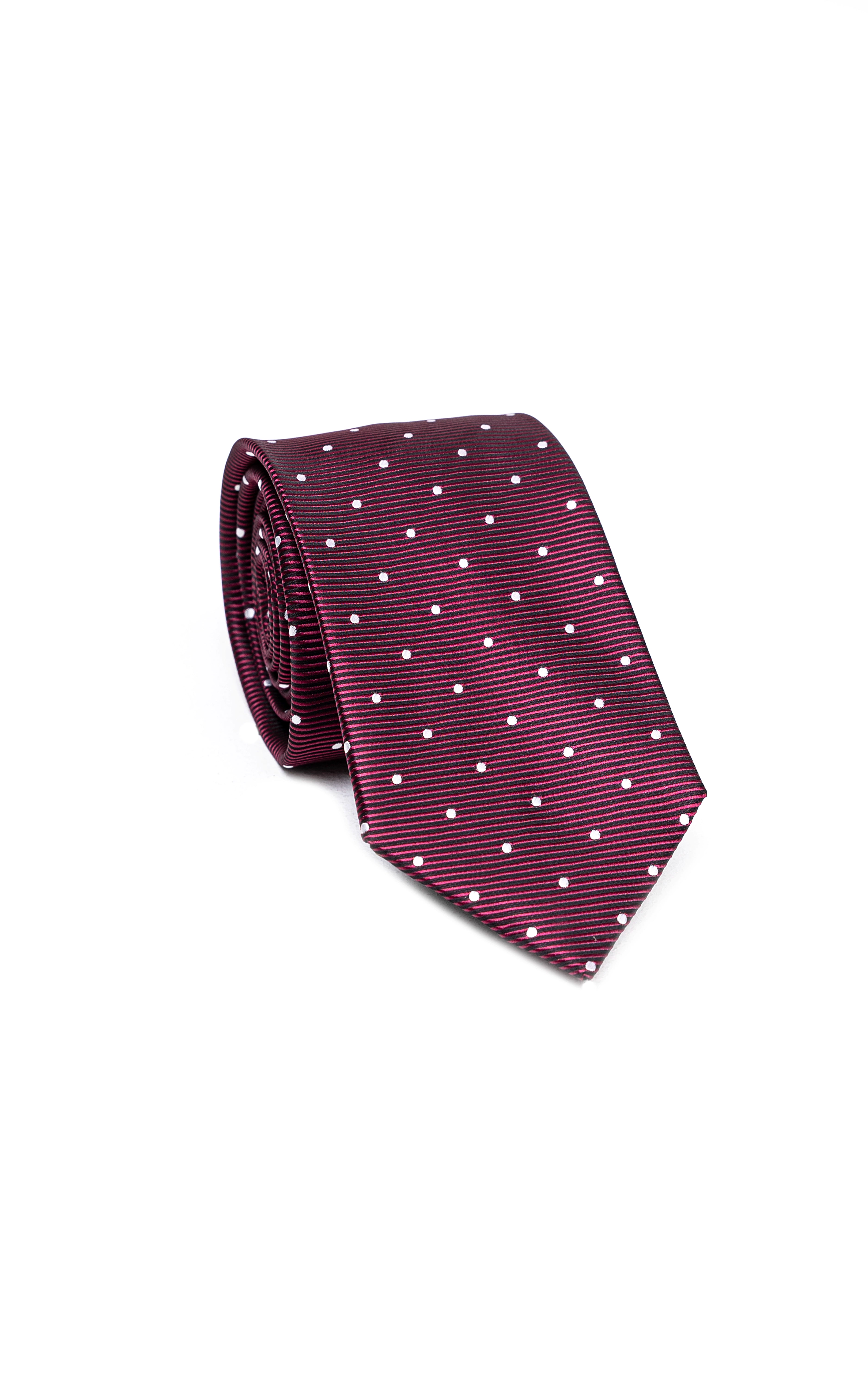 Burgundy poly silk tie with tiny white dots, neatly rolled folded end.