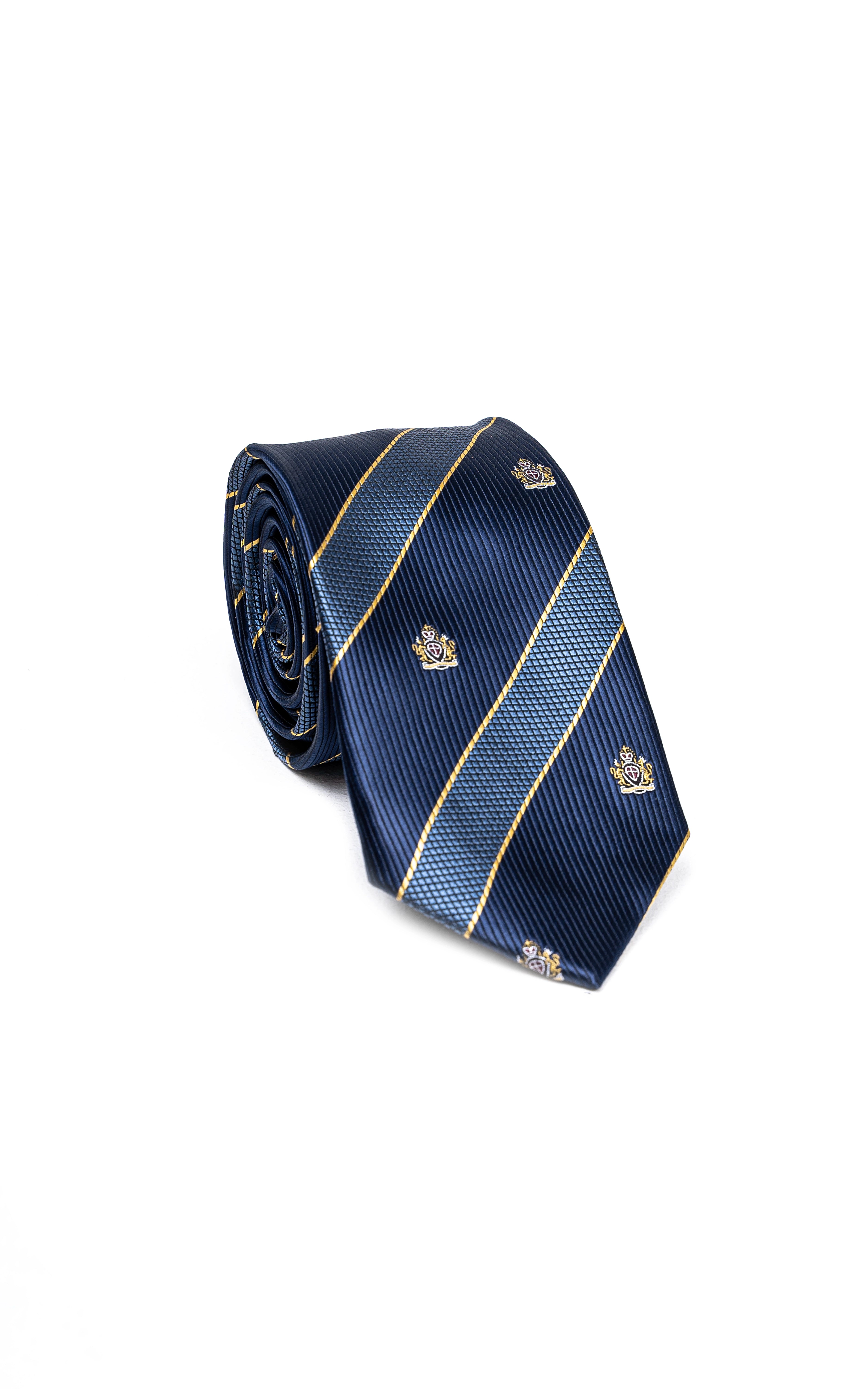 Navy poly silk tie with light blue diagonal stripes and small crest pattern