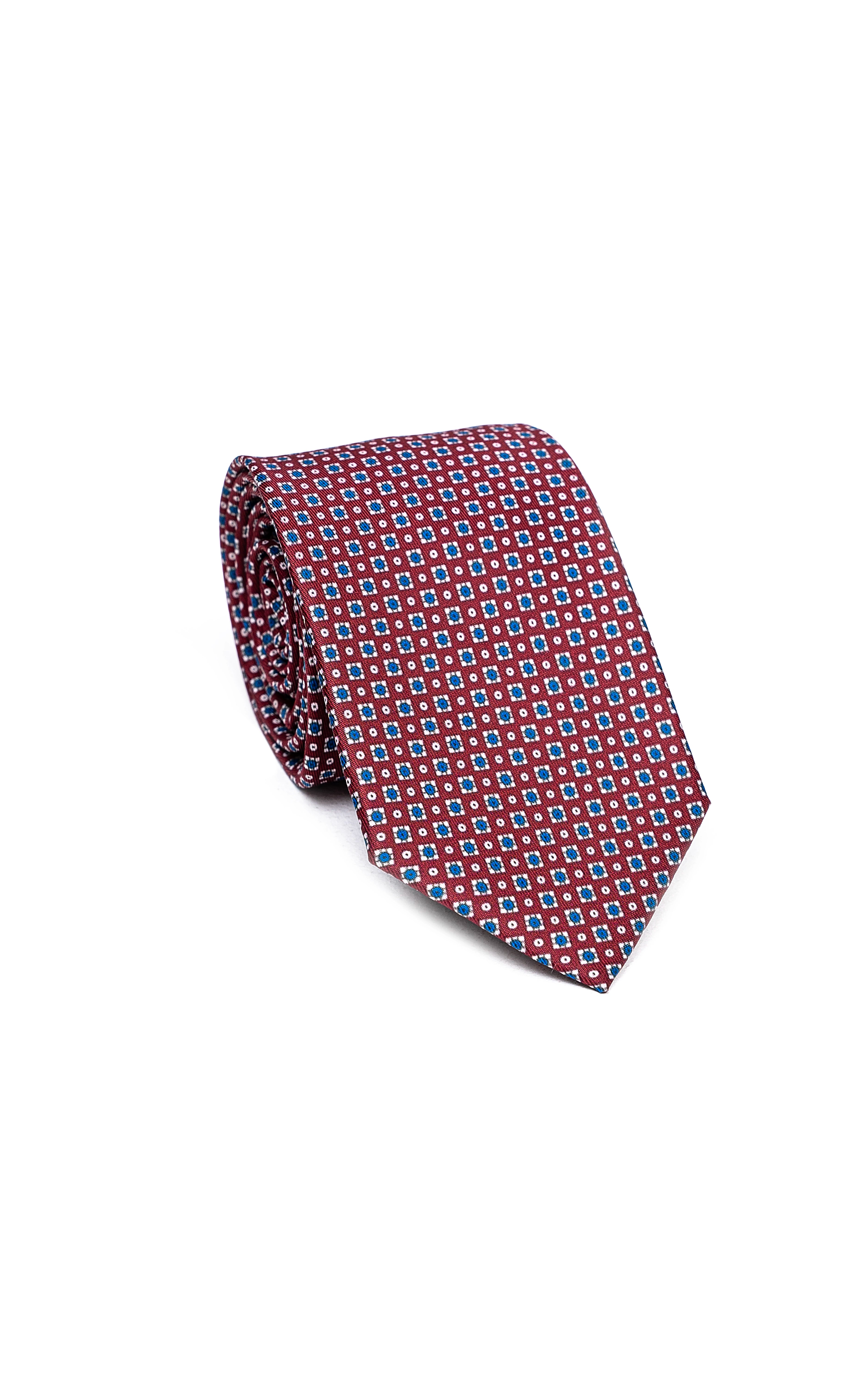 Poly-silk tie with diagonal small square pattern, dark blue with red and white dots
