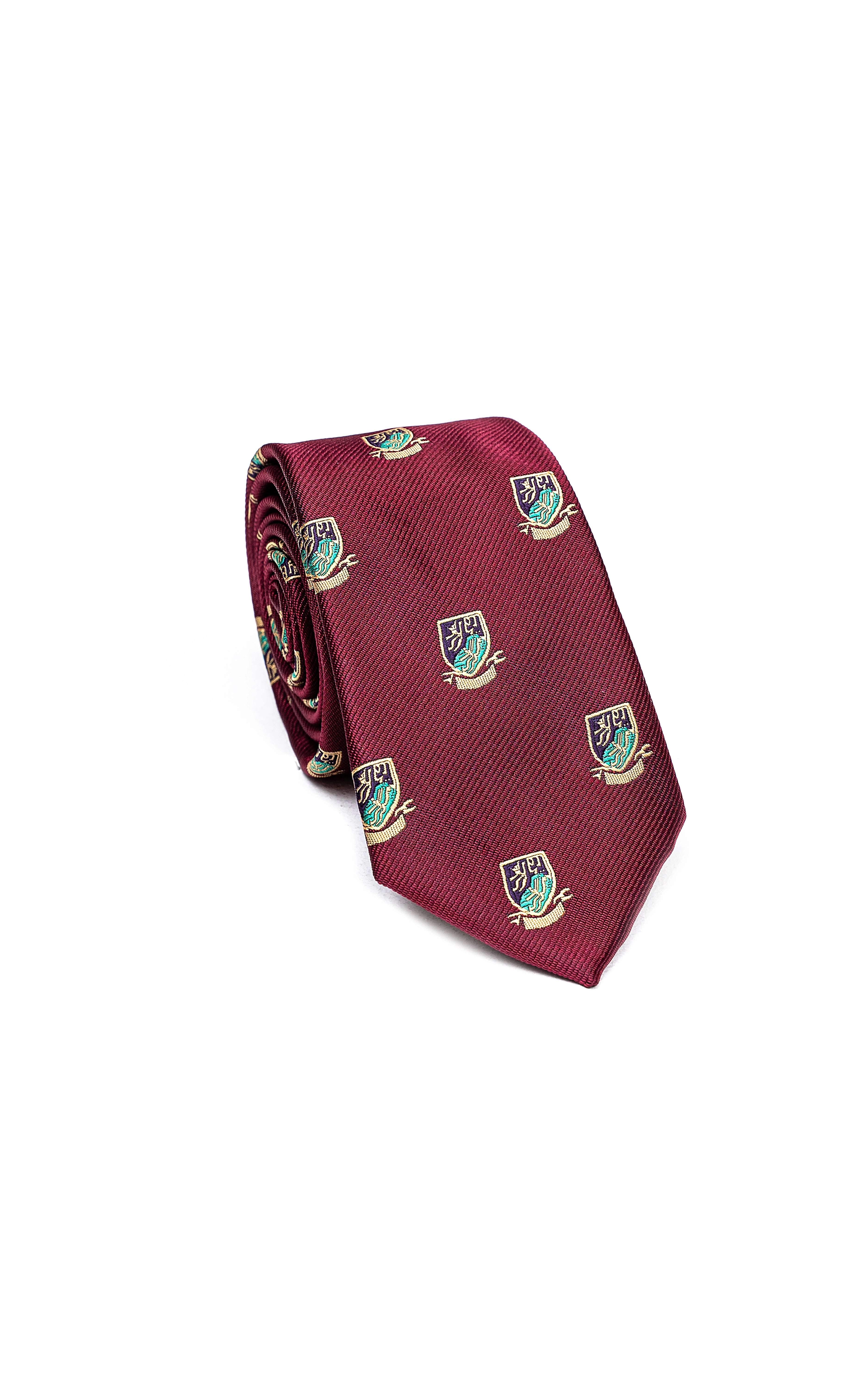Poly silk tie in maroon with repeating green crest icons, rolled up