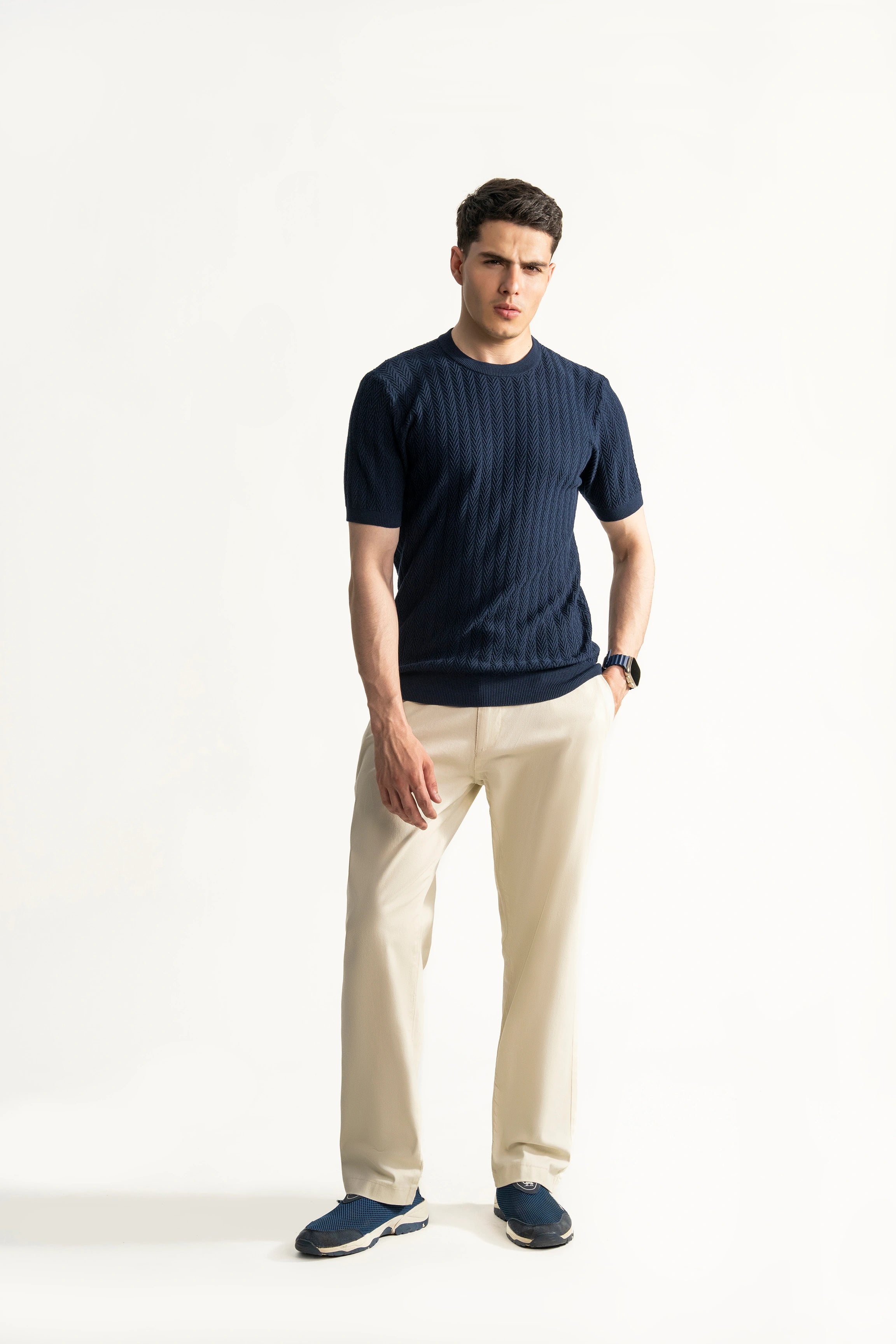 SWEATER KNIT SELF STRIPED CREW NECK T SHIRT NAVY