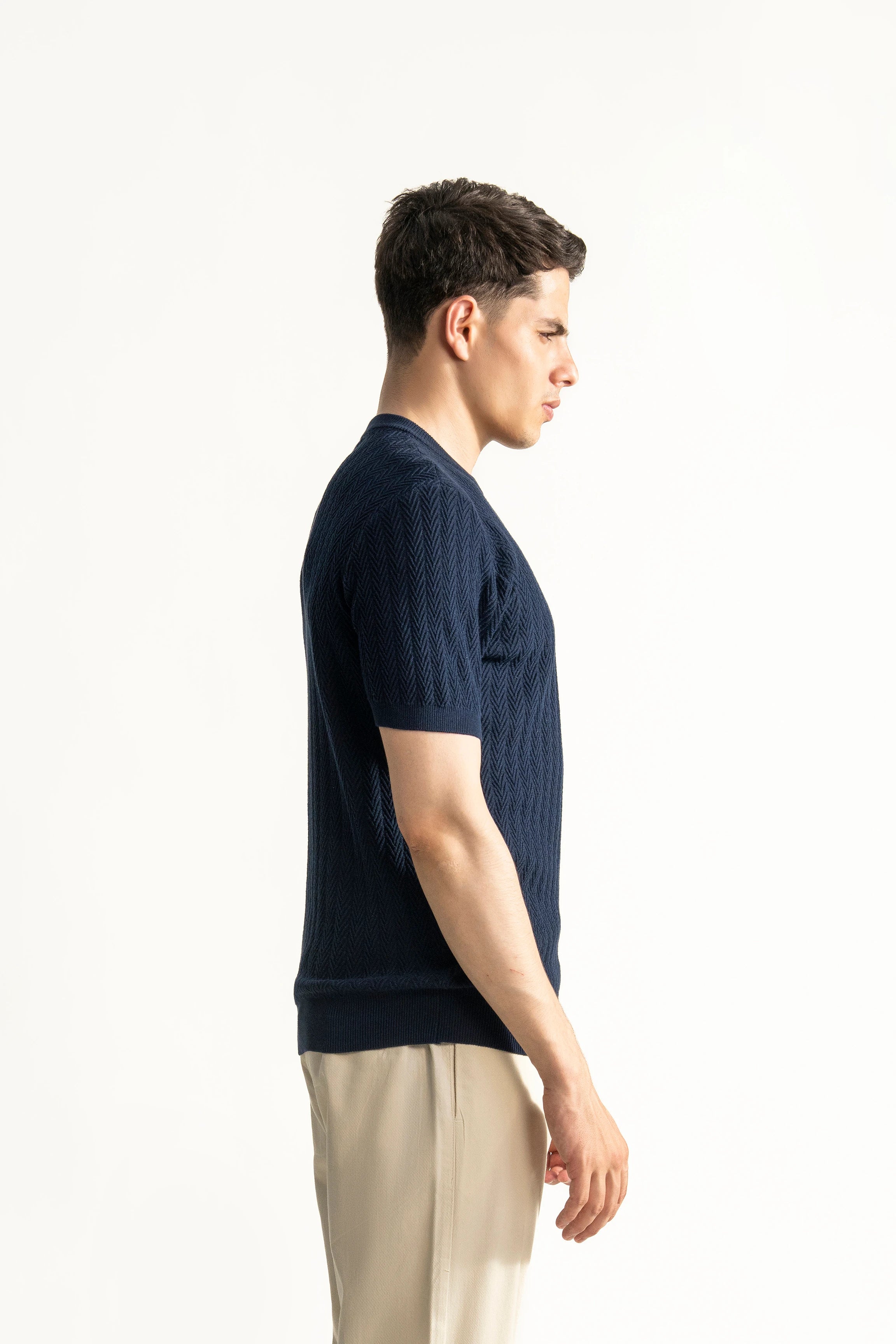 SWEATER KNIT SELF STRIPED CREW NECK T SHIRT NAVY