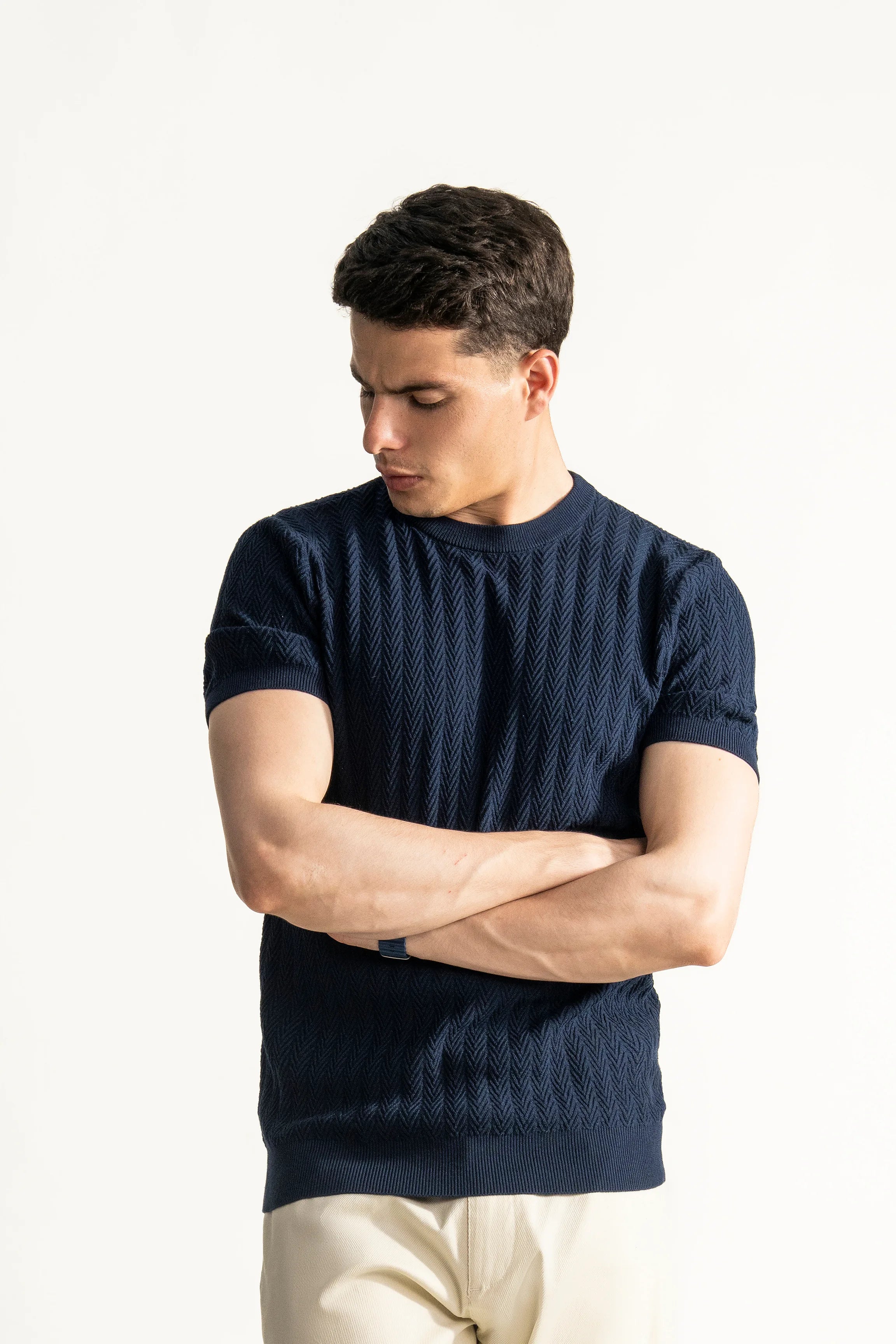SWEATER KNIT SELF STRIPED CREW NECK T SHIRT NAVY