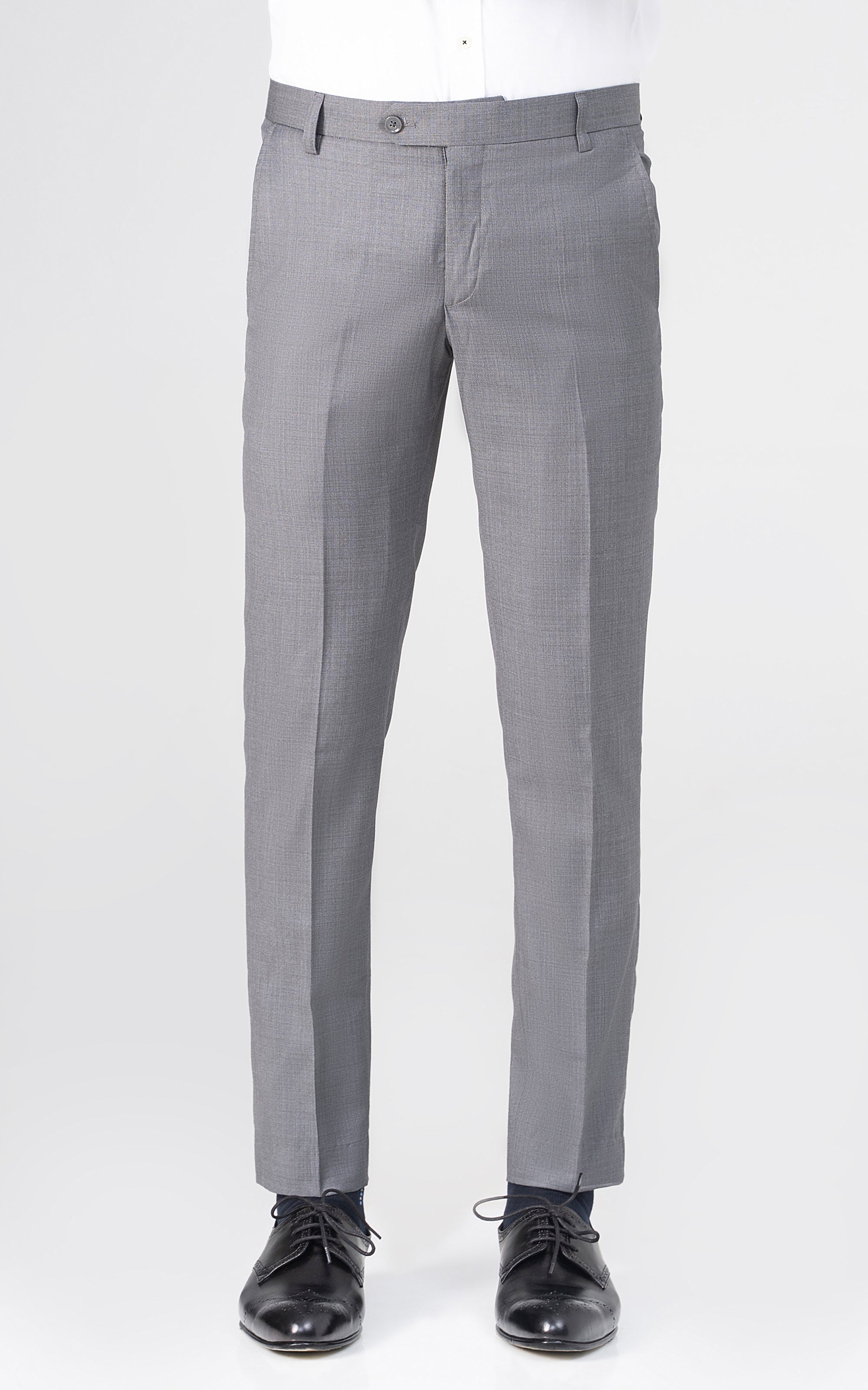 Grey dress pants front view with center crease and button closure