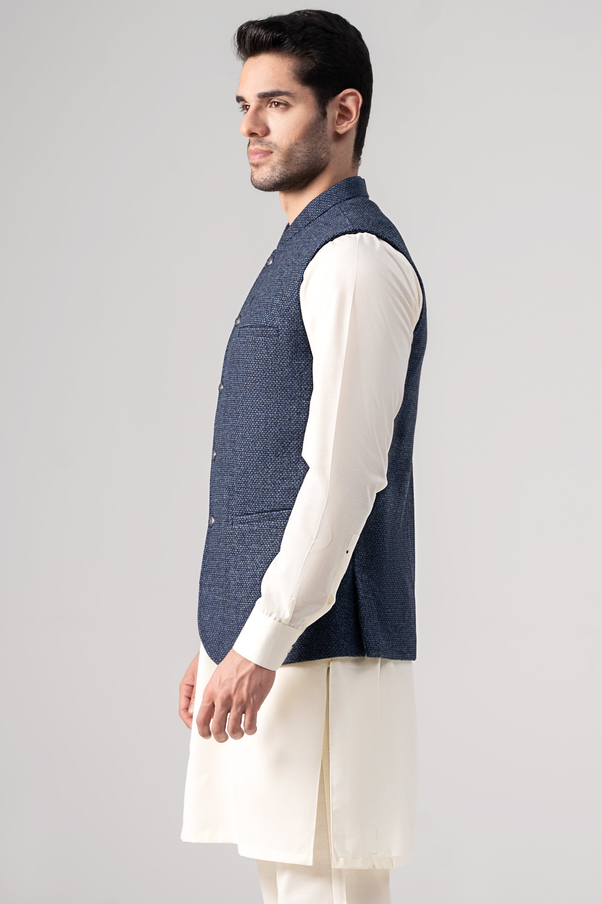 Textured Blended Woolen Waistcoat Blue Texture