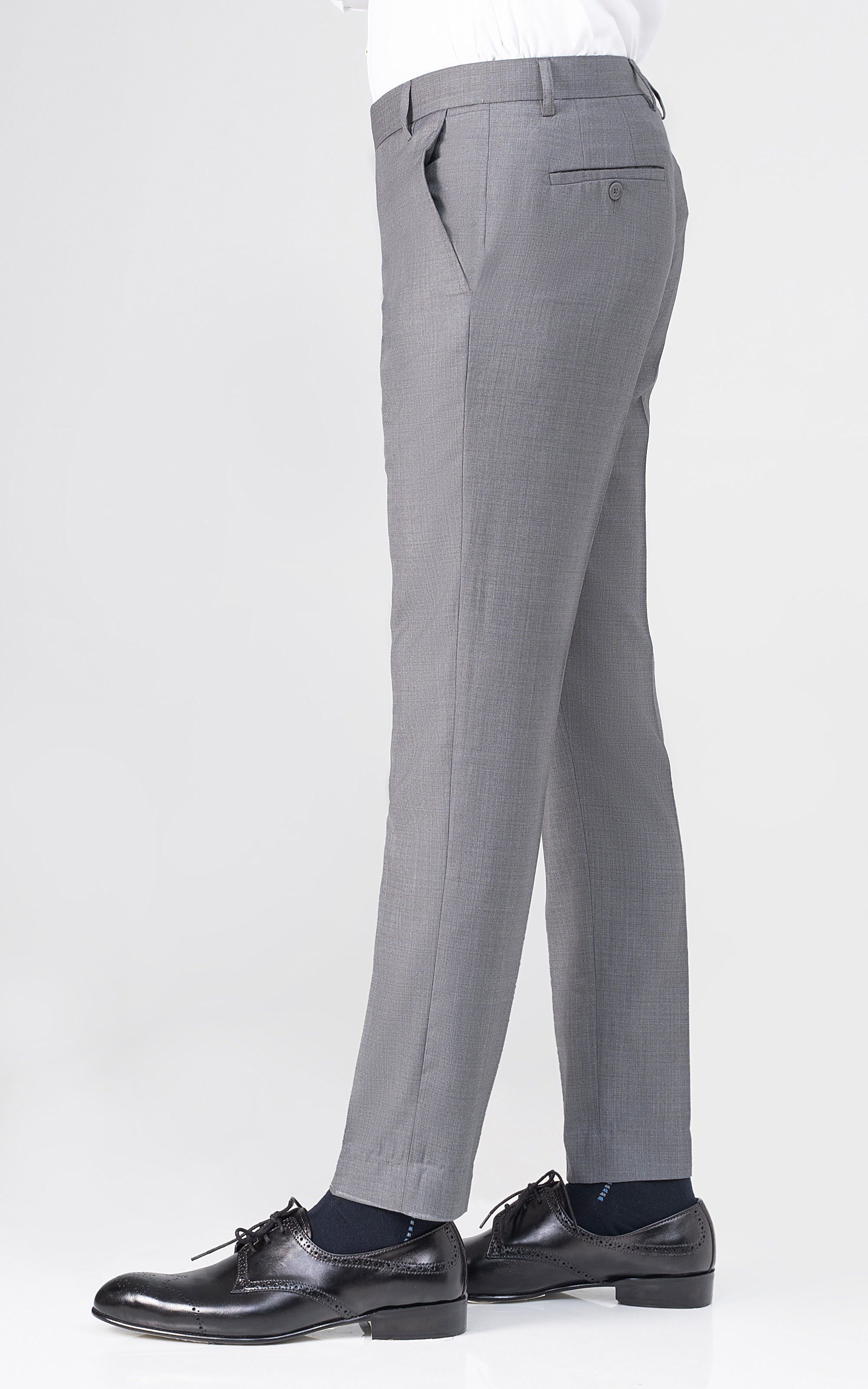 Grey dress pants with belt loops and side pockets, straight leg