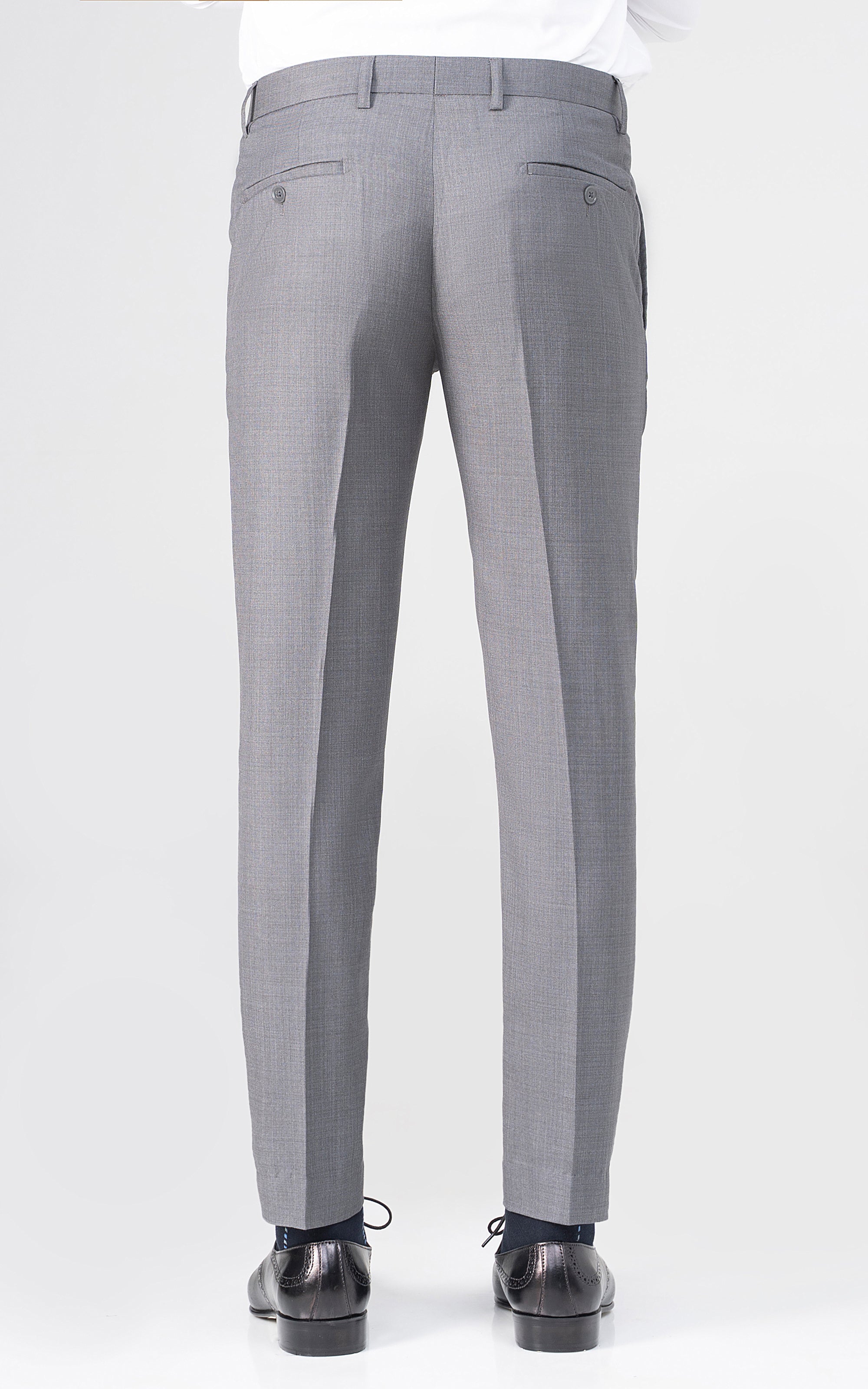 Grey dress pants back view with tapered legs and buttoned waistband