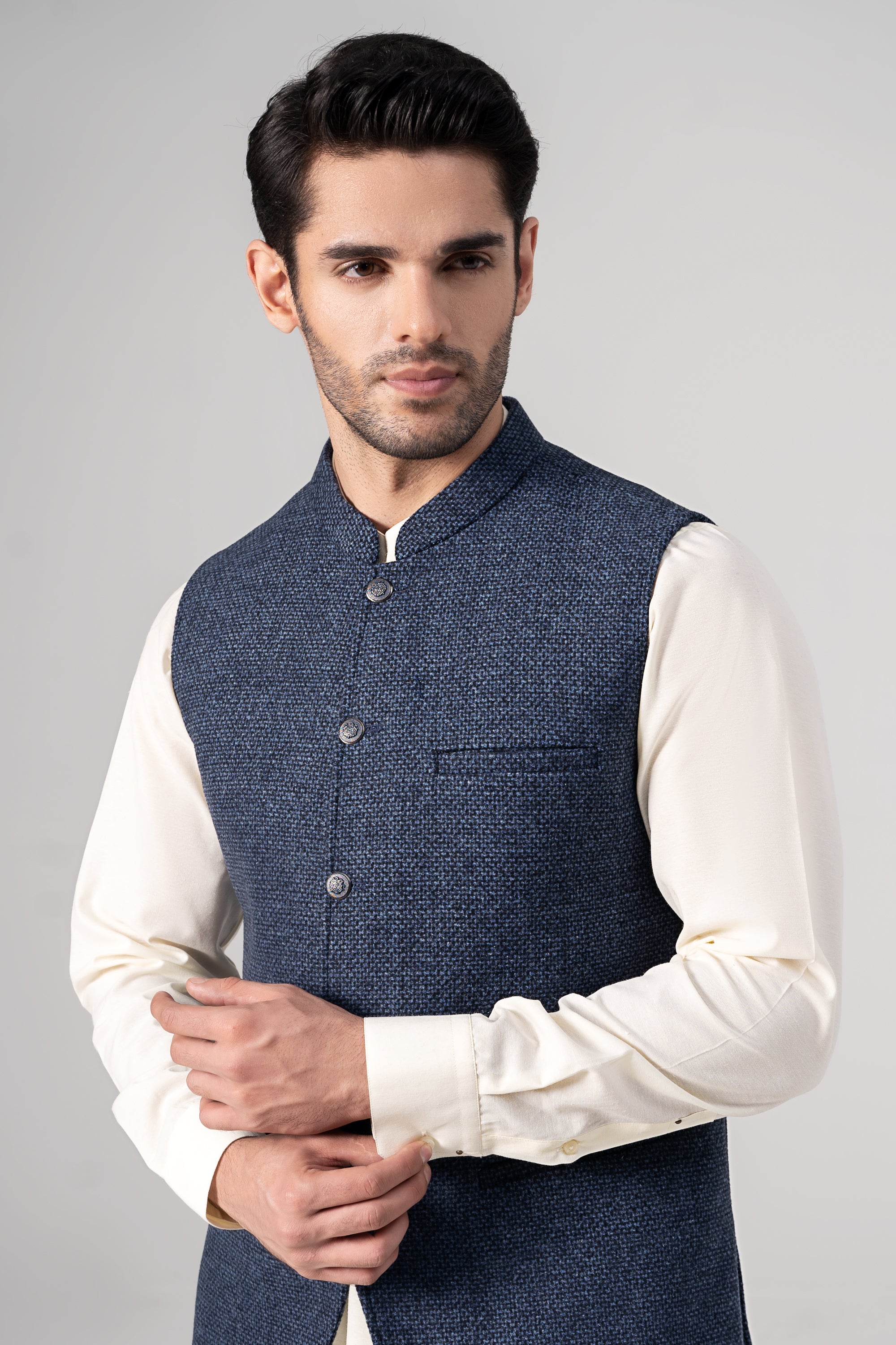 Textured Blended Woolen Waistcoat Blue Texture