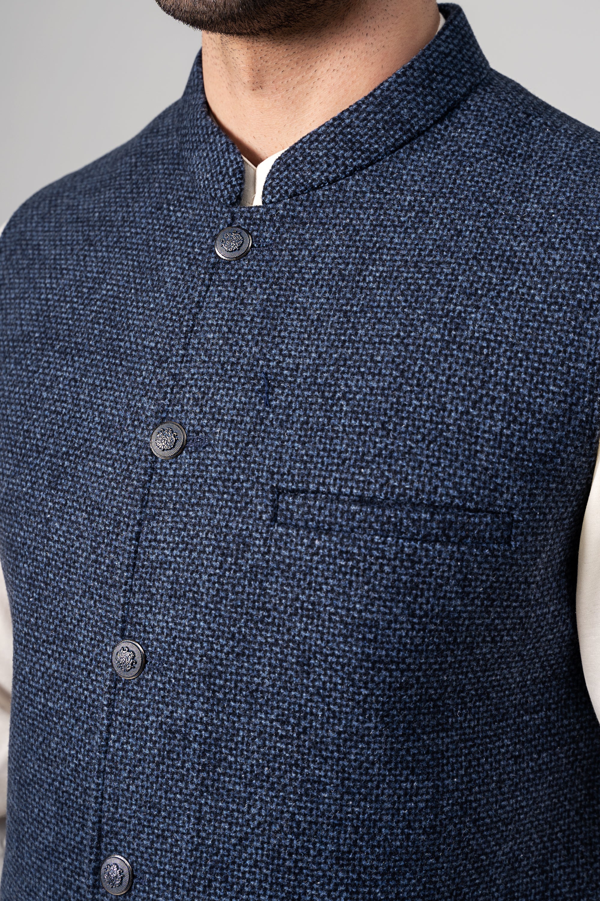Textured Blended Woolen Waistcoat Blue Texture