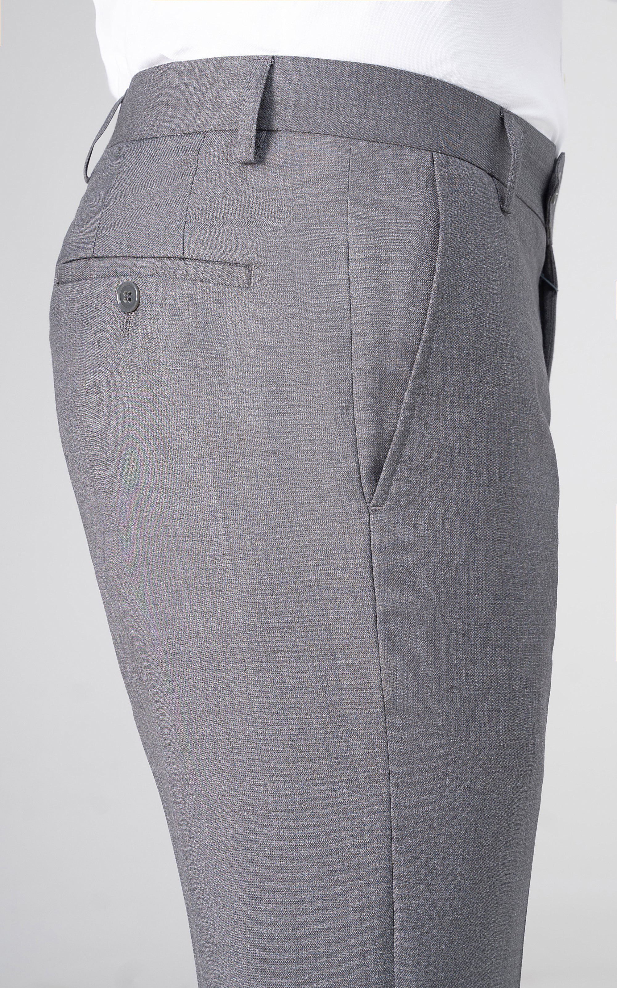 Grey dress pants back with welt pocket and single rear button