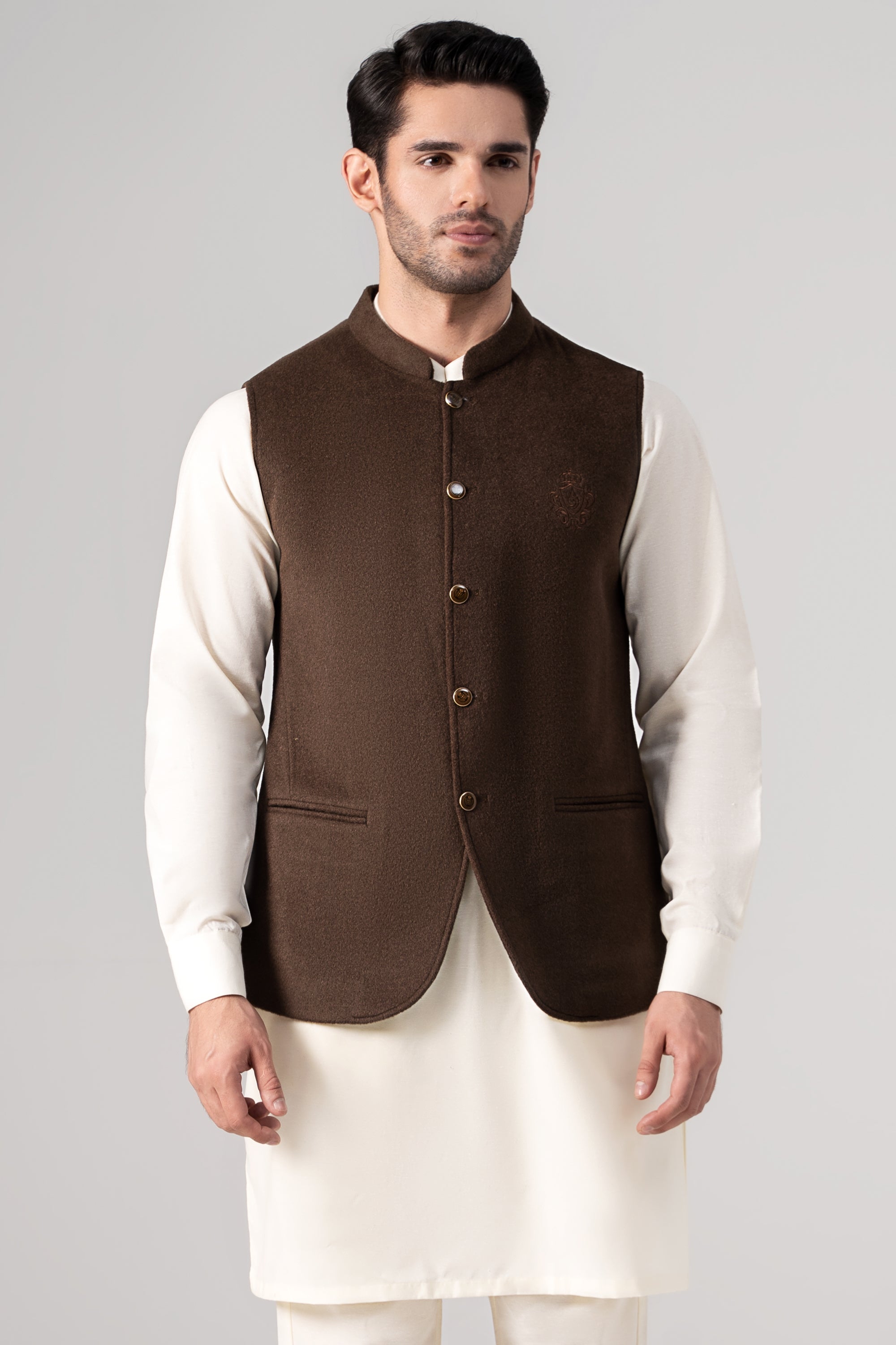 Embroidered Blended Woolen Waistcoat - SIGNATURE COLLECTION DARK BROWN