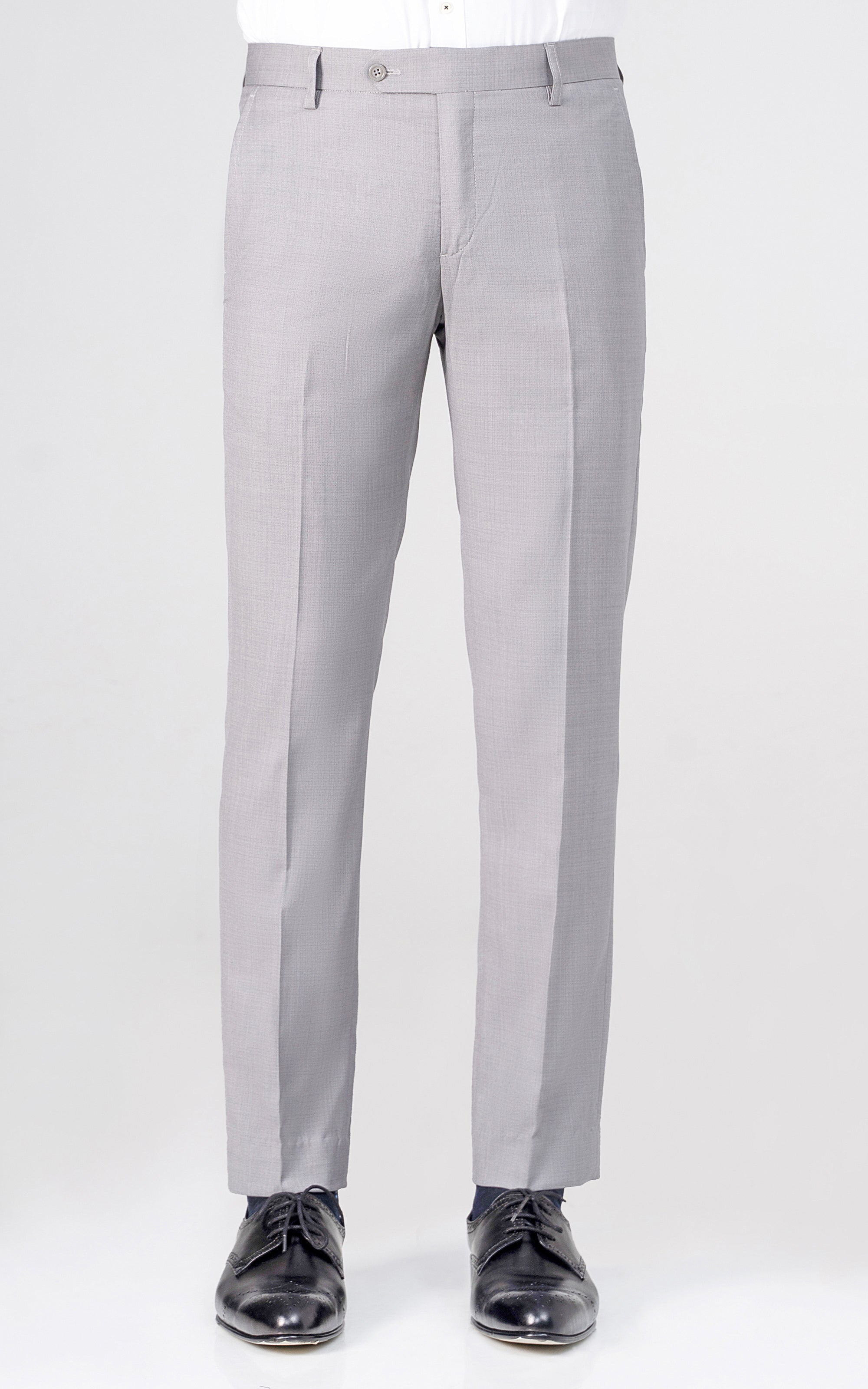 Light grey dress pants with crease, belt loops, button closure, and straight legs