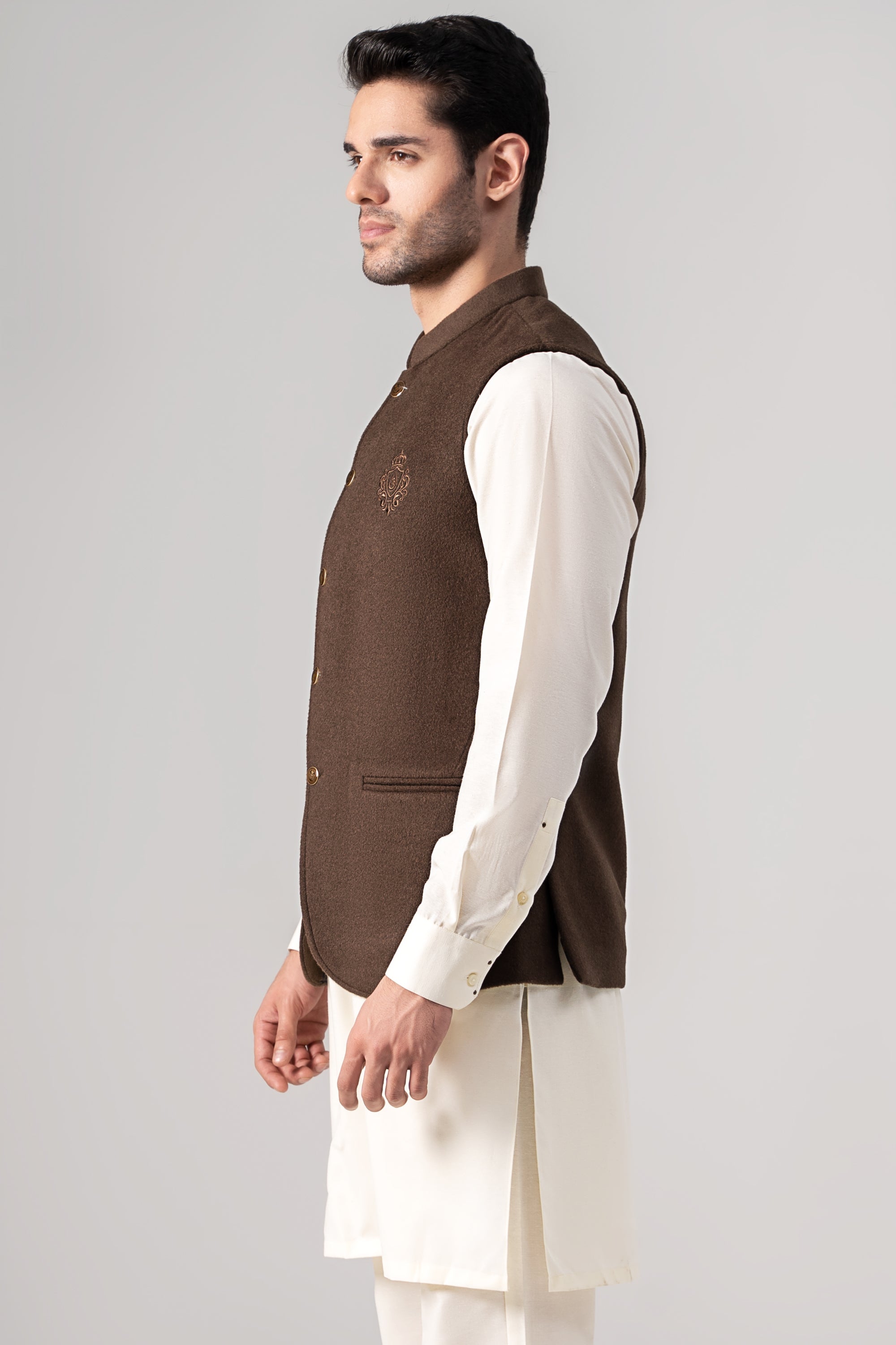 Embroidered Blended Woolen Waistcoat - SIGNATURE COLLECTION DARK BROWN