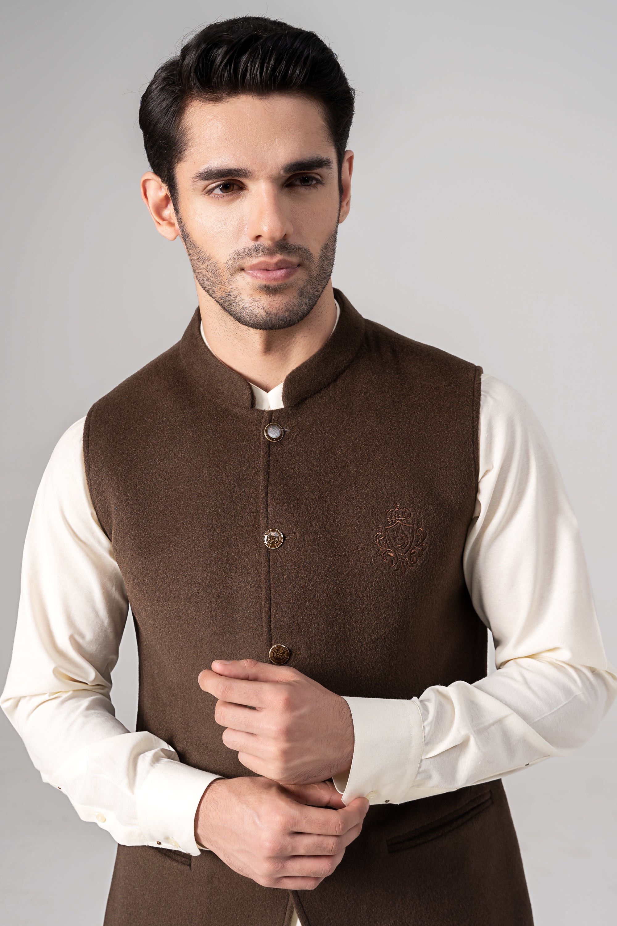 Embroidered Blended Woolen Waistcoat - SIGNATURE COLLECTION DARK BROWN