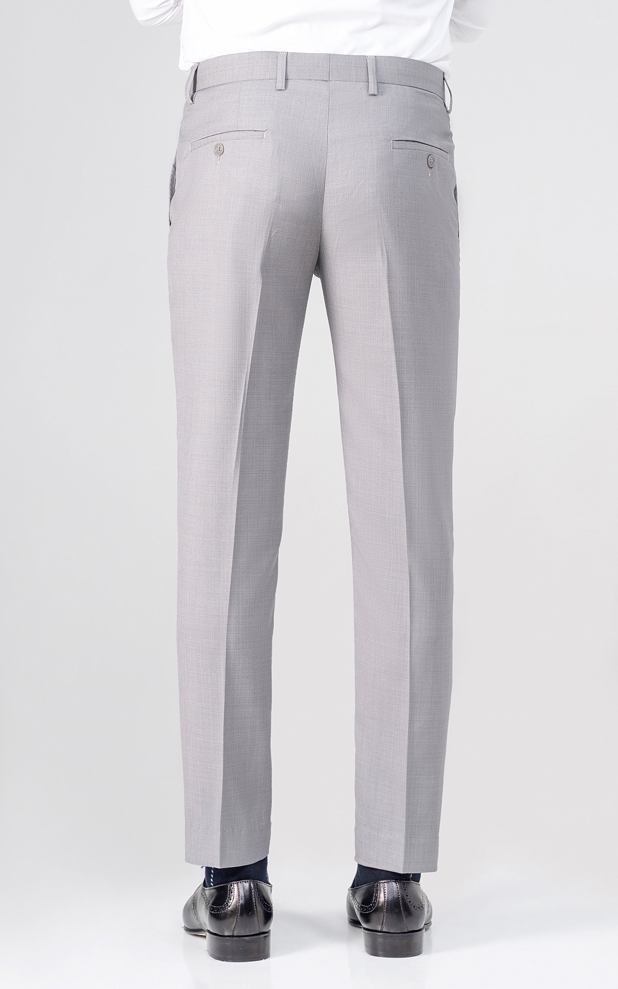 Light grey dress pants with rear seams, belt loops, and straight hem