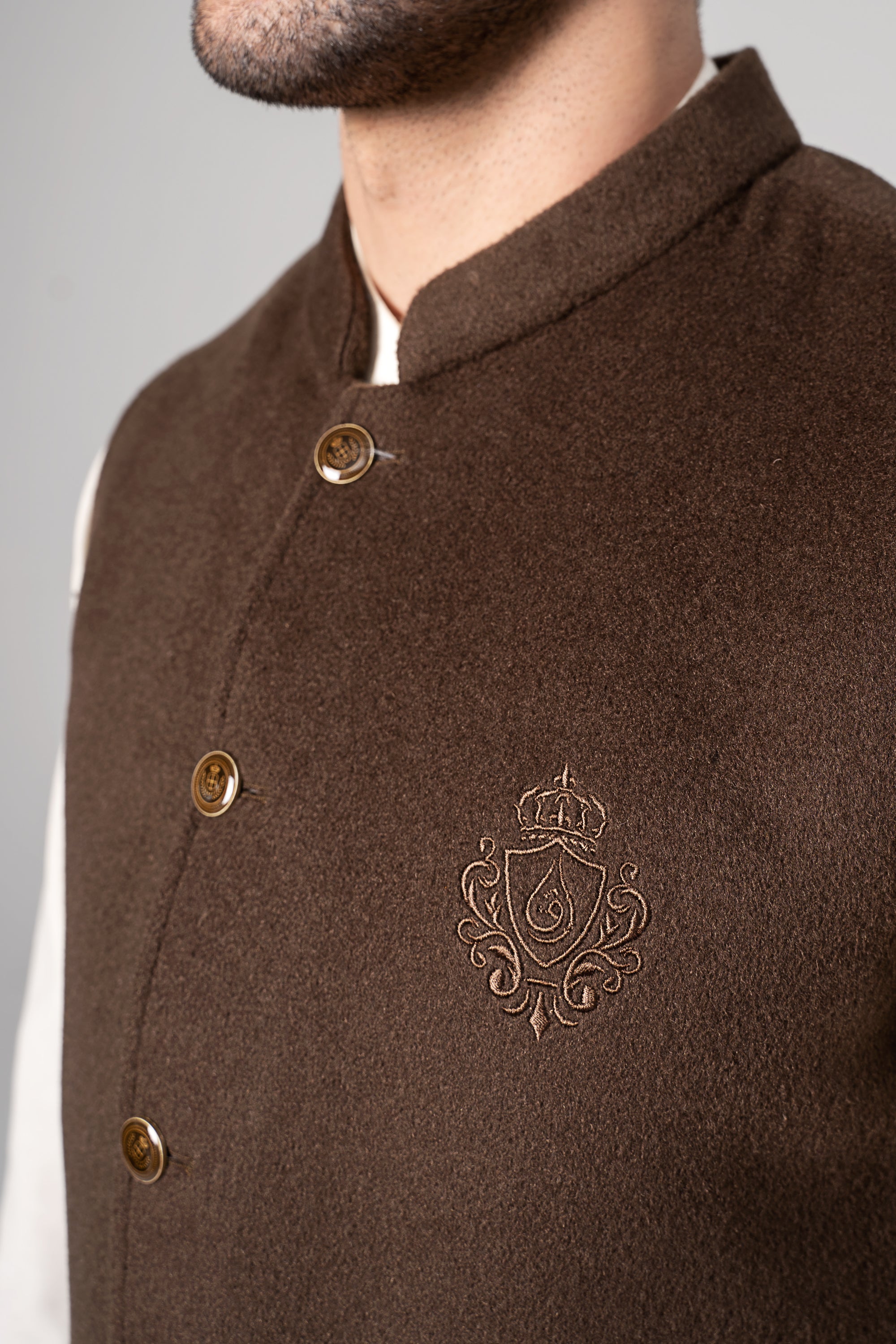 Embroidered Blended Woolen Waistcoat - SIGNATURE COLLECTION DARK BROWN