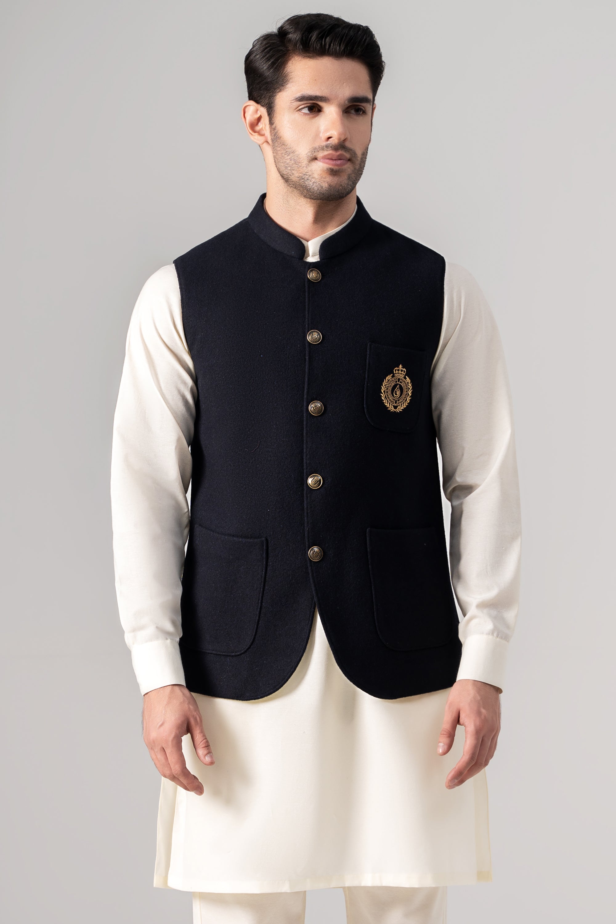 Embroidered Blended Woolen Waistcoat Dark Navy
