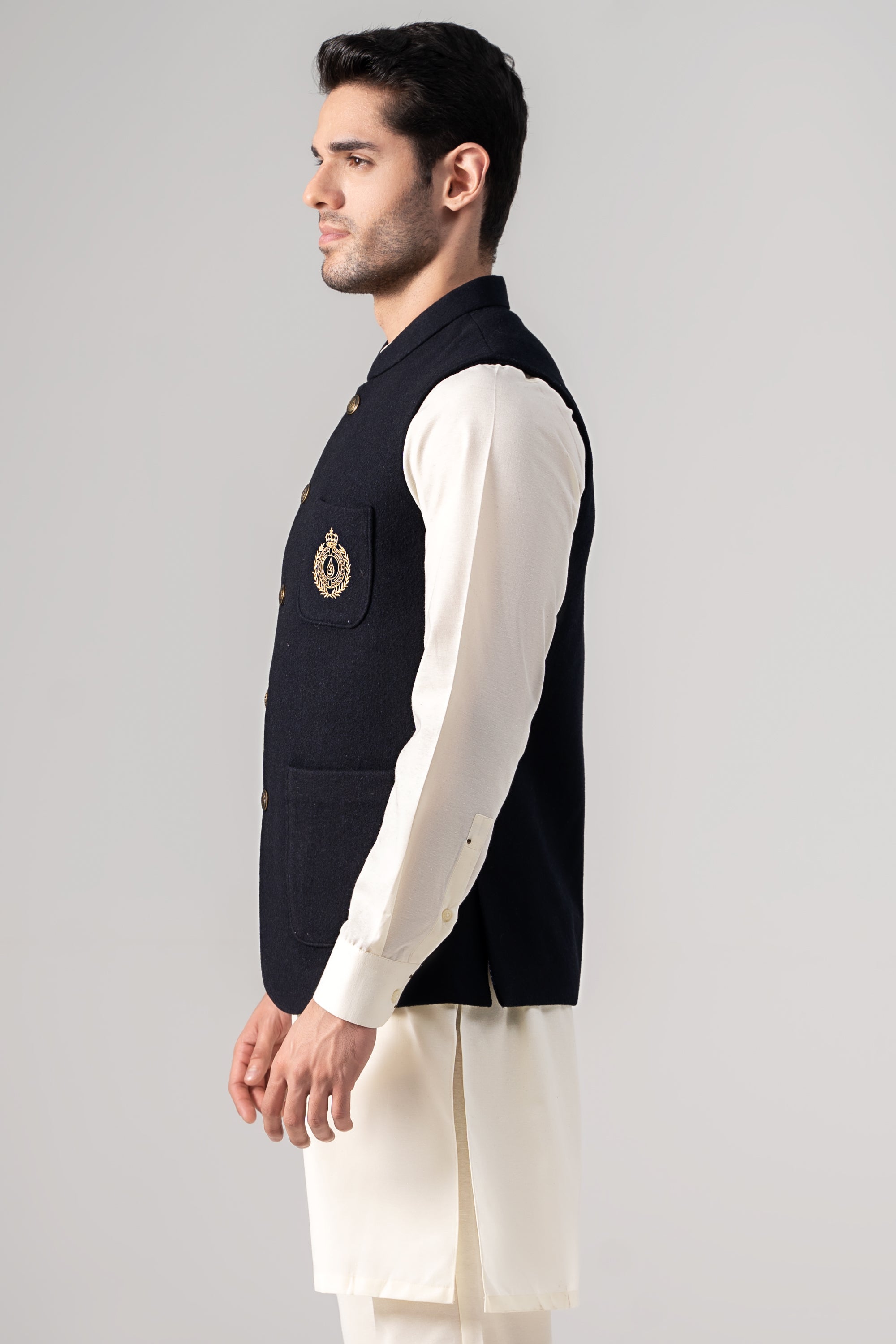 Embroidered Blended Woolen Waistcoat Dark Navy