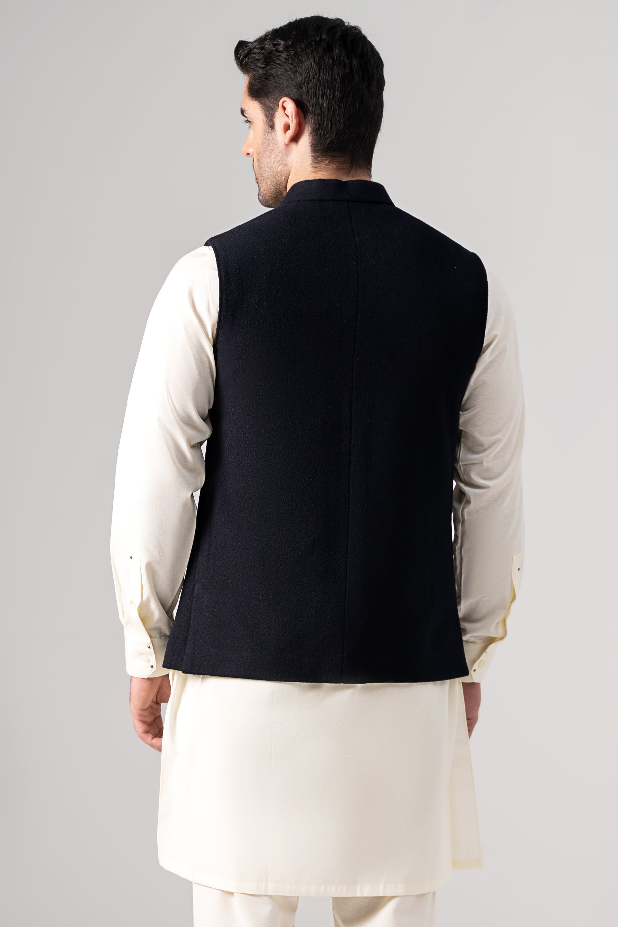 Embroidered Blended Woolen Waistcoat Dark Navy