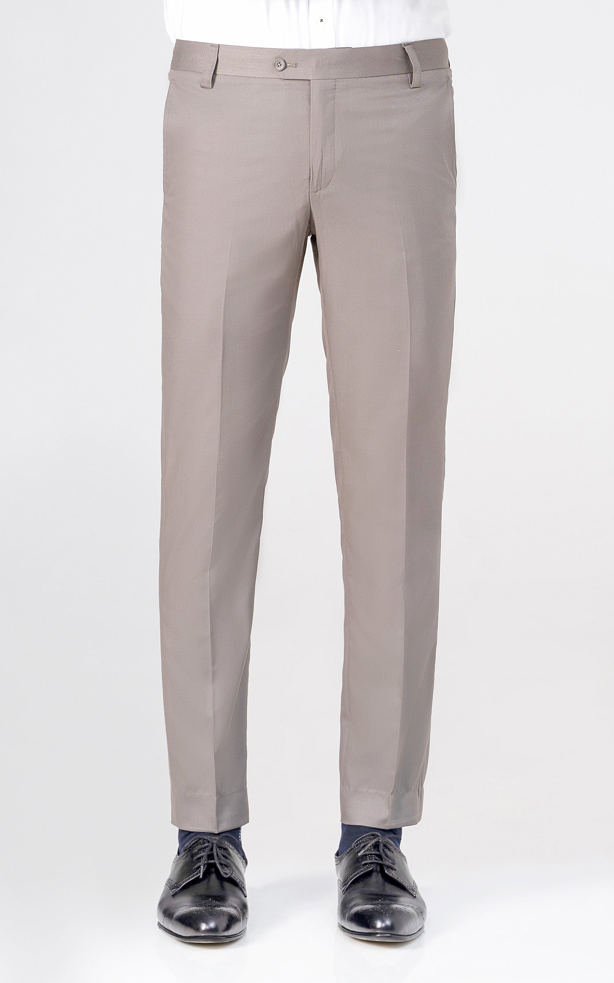 Mud grey dress pants with belt loops, zip fly, and straight leg