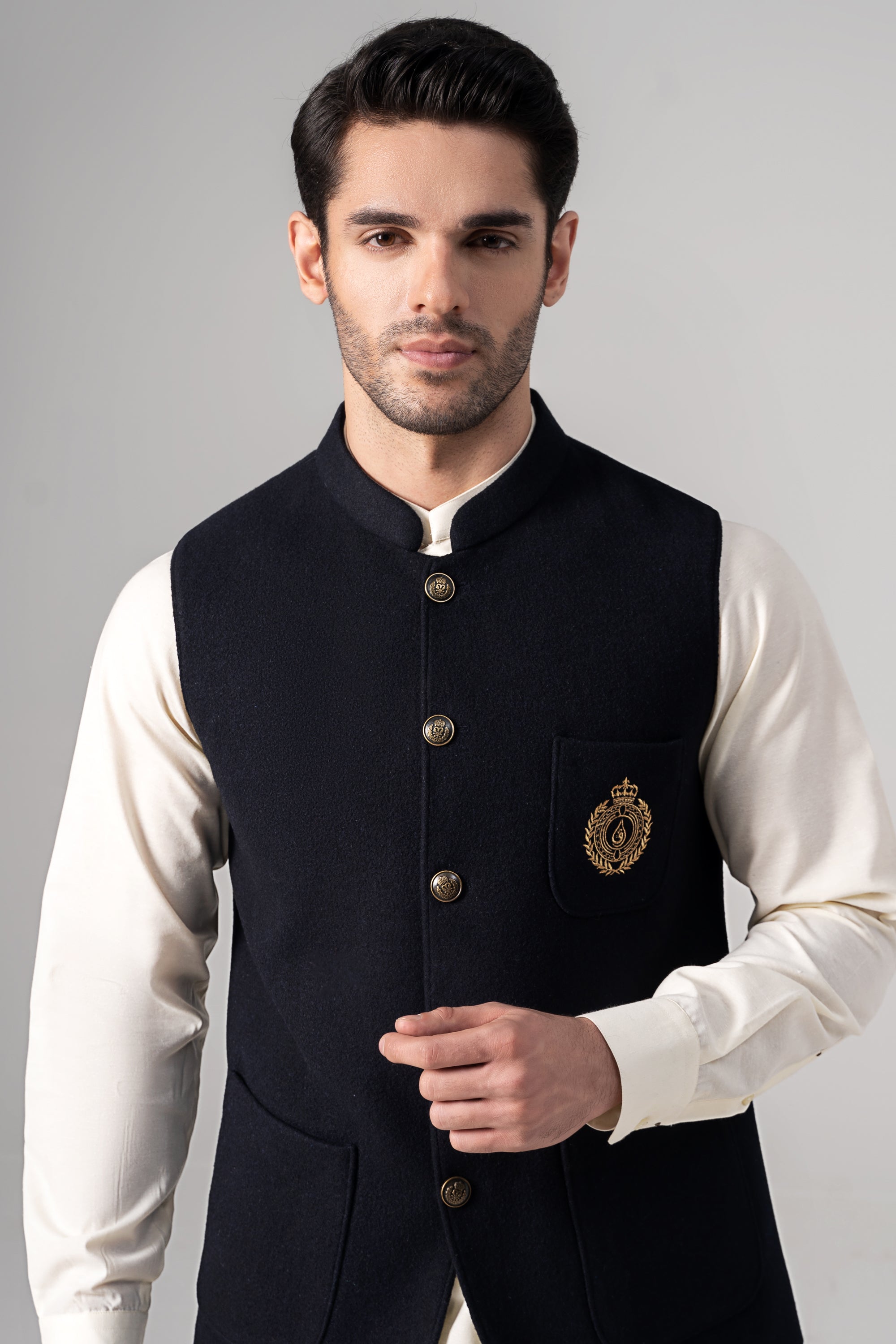 Embroidered Blended Woolen Waistcoat Dark Navy