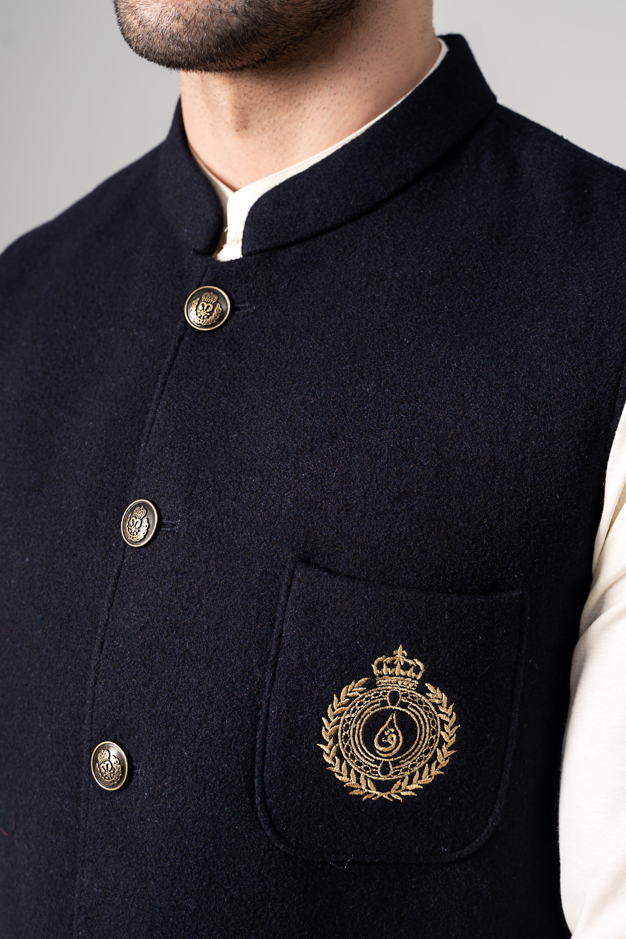 Embroidered Blended Woolen Waistcoat Dark Navy