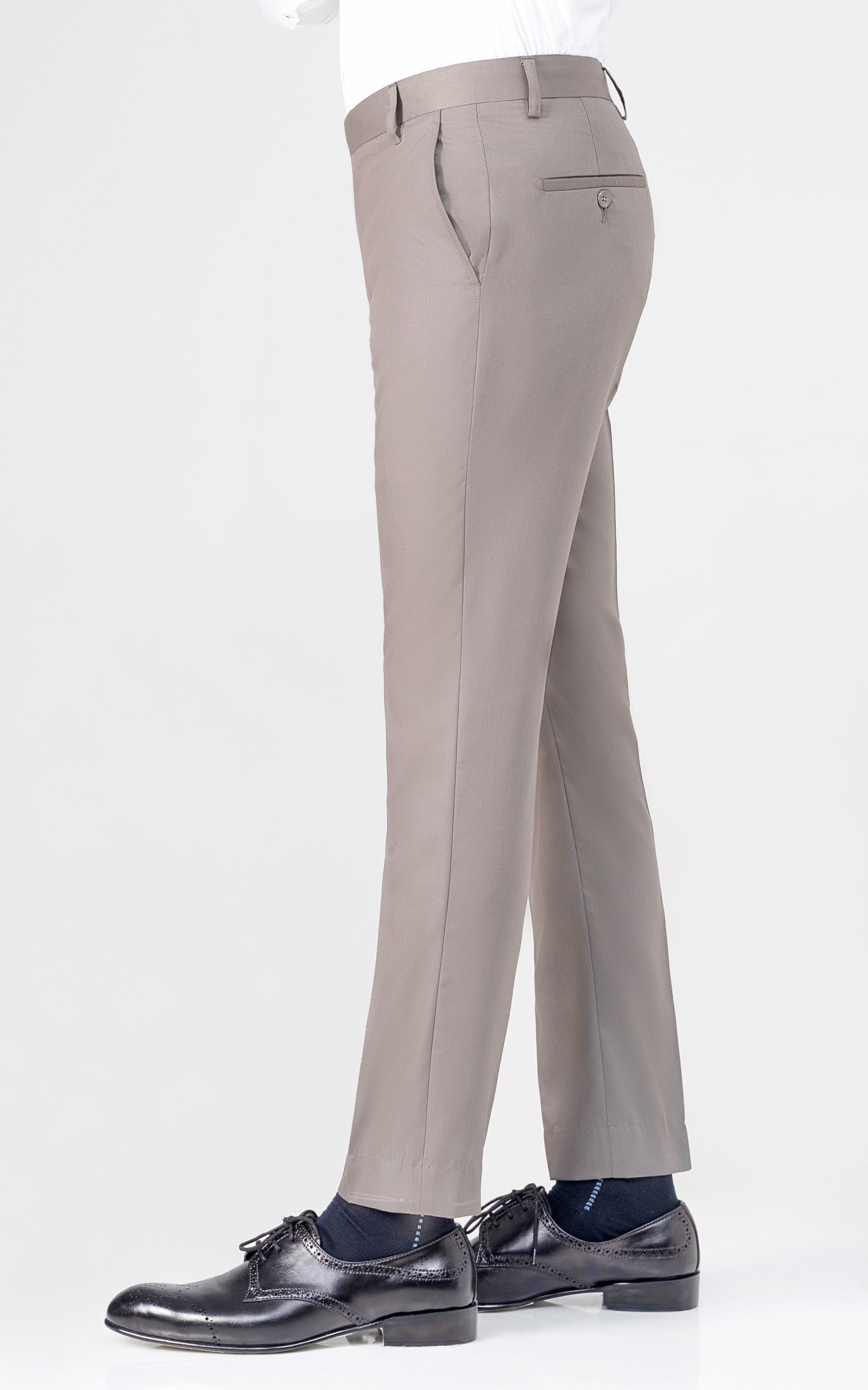 Mud grey dress pants with belt loops, slant pockets, and straight leg