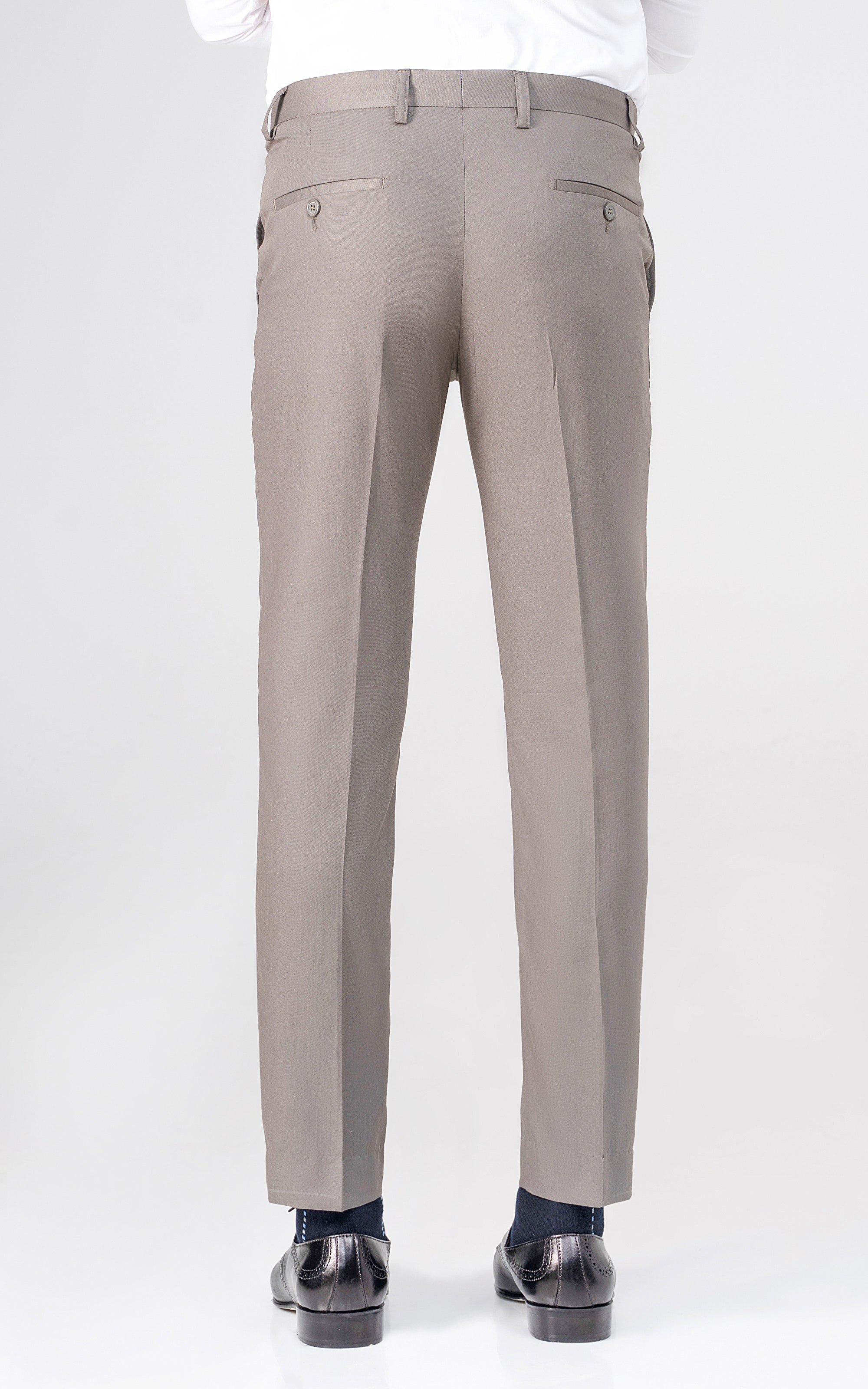 Mud grey dress pants with back pockets, button closure, and straight leg
