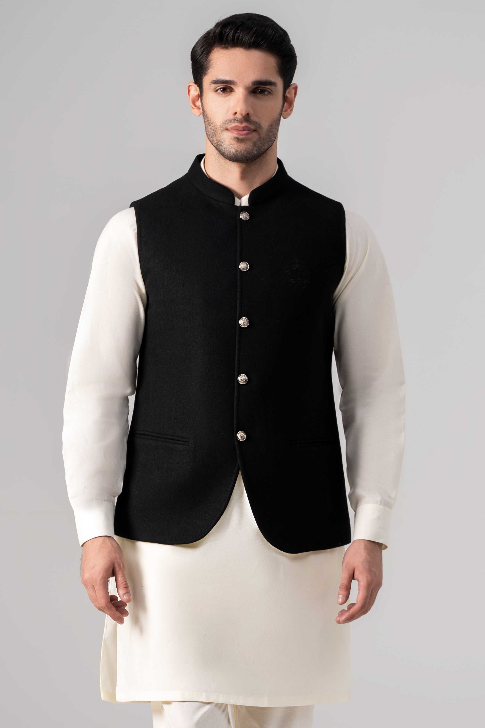 Embroidered Blended Woolen Waistcoat - SIGNATURE COLLECTION BLACK
