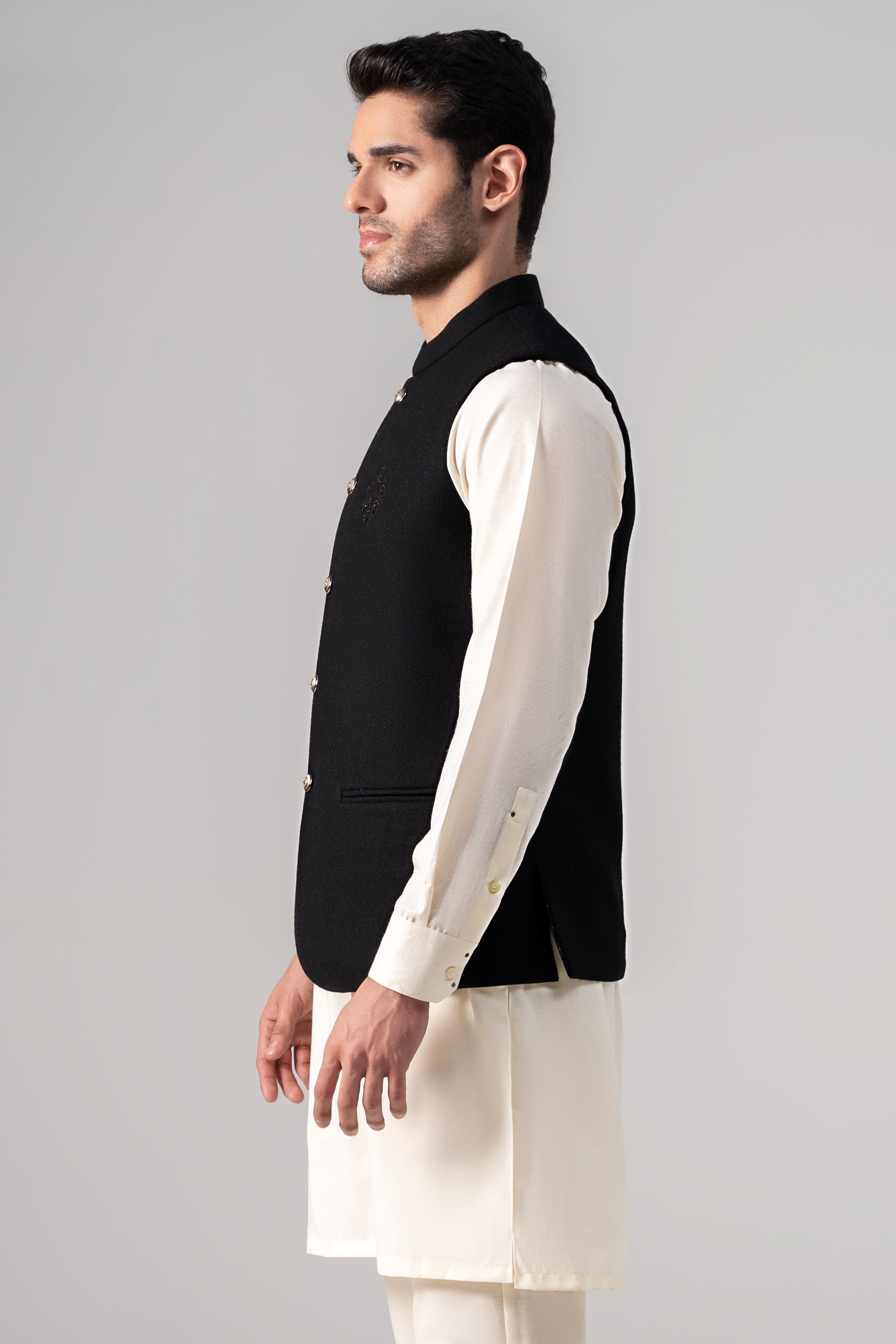 Embroidered Blended Woolen Waistcoat - SIGNATURE COLLECTION BLACK
