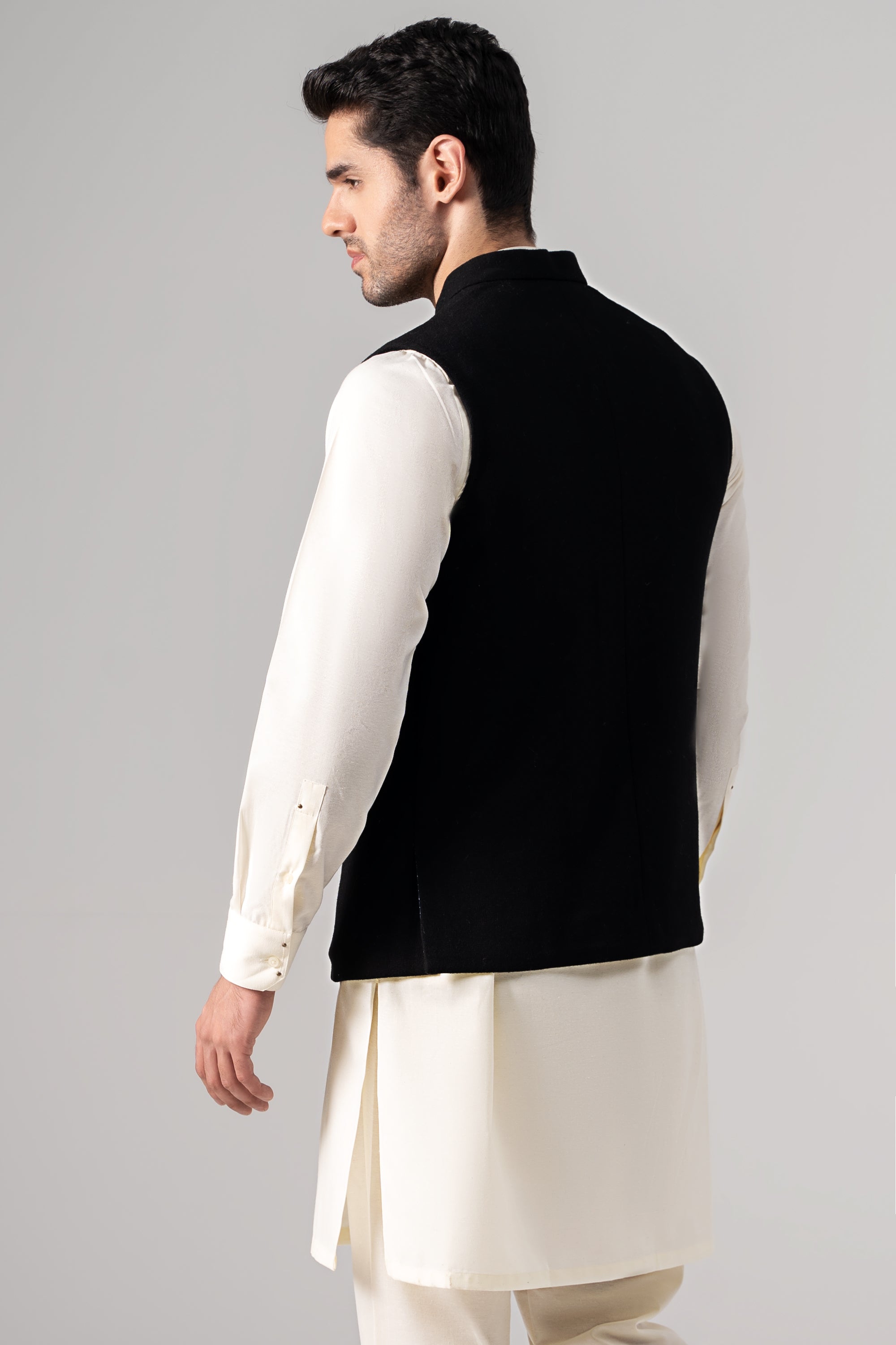 Embroidered Blended Woolen Waistcoat - SIGNATURE COLLECTION BLACK