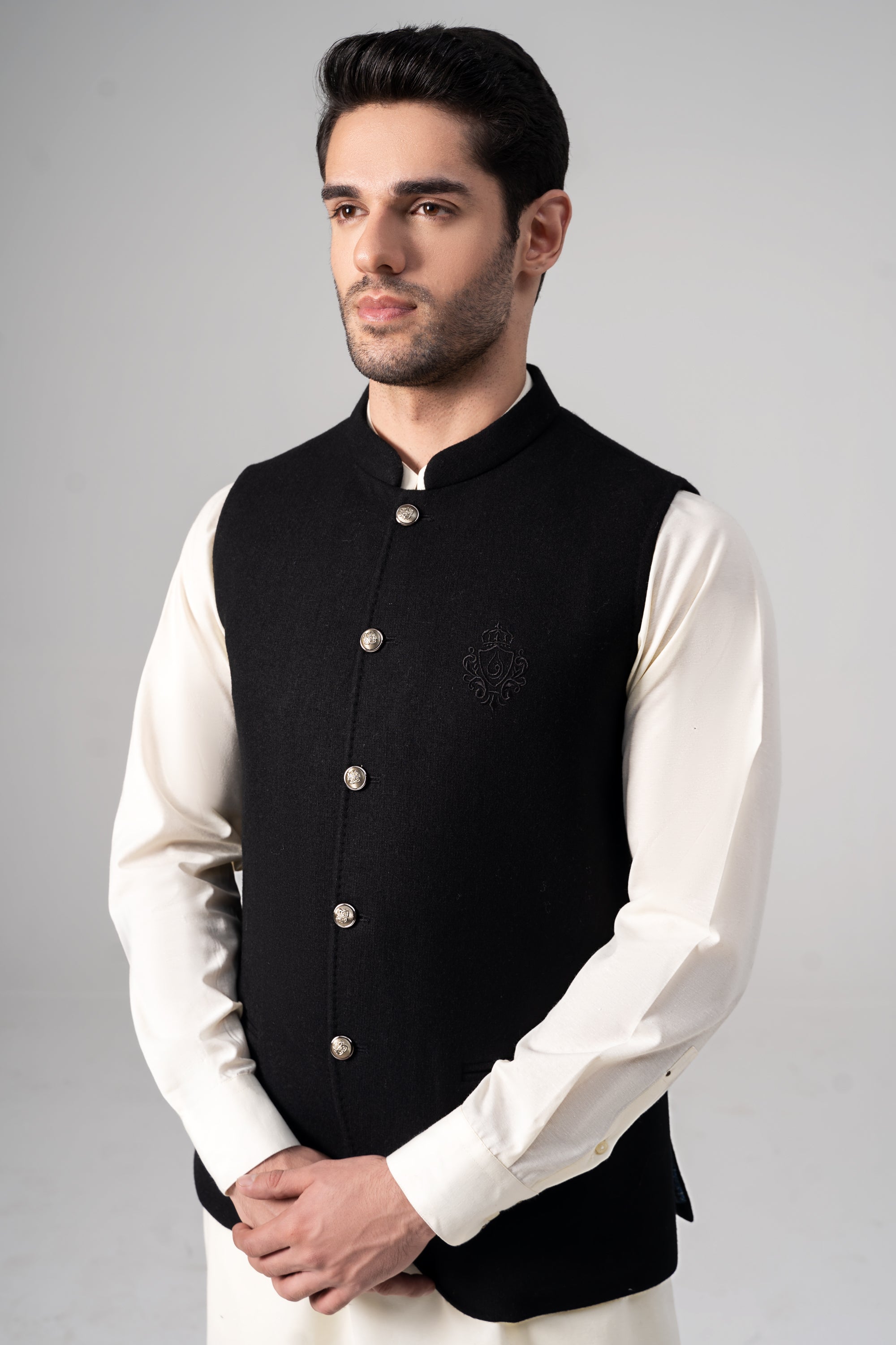 Embroidered Blended Woolen Waistcoat - SIGNATURE COLLECTION BLACK