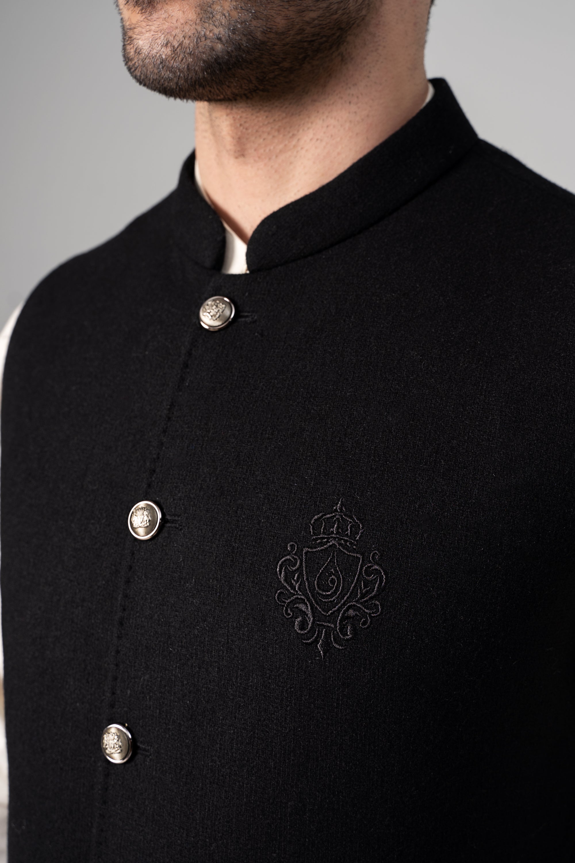 Embroidered Blended Woolen Waistcoat - SIGNATURE COLLECTION BLACK