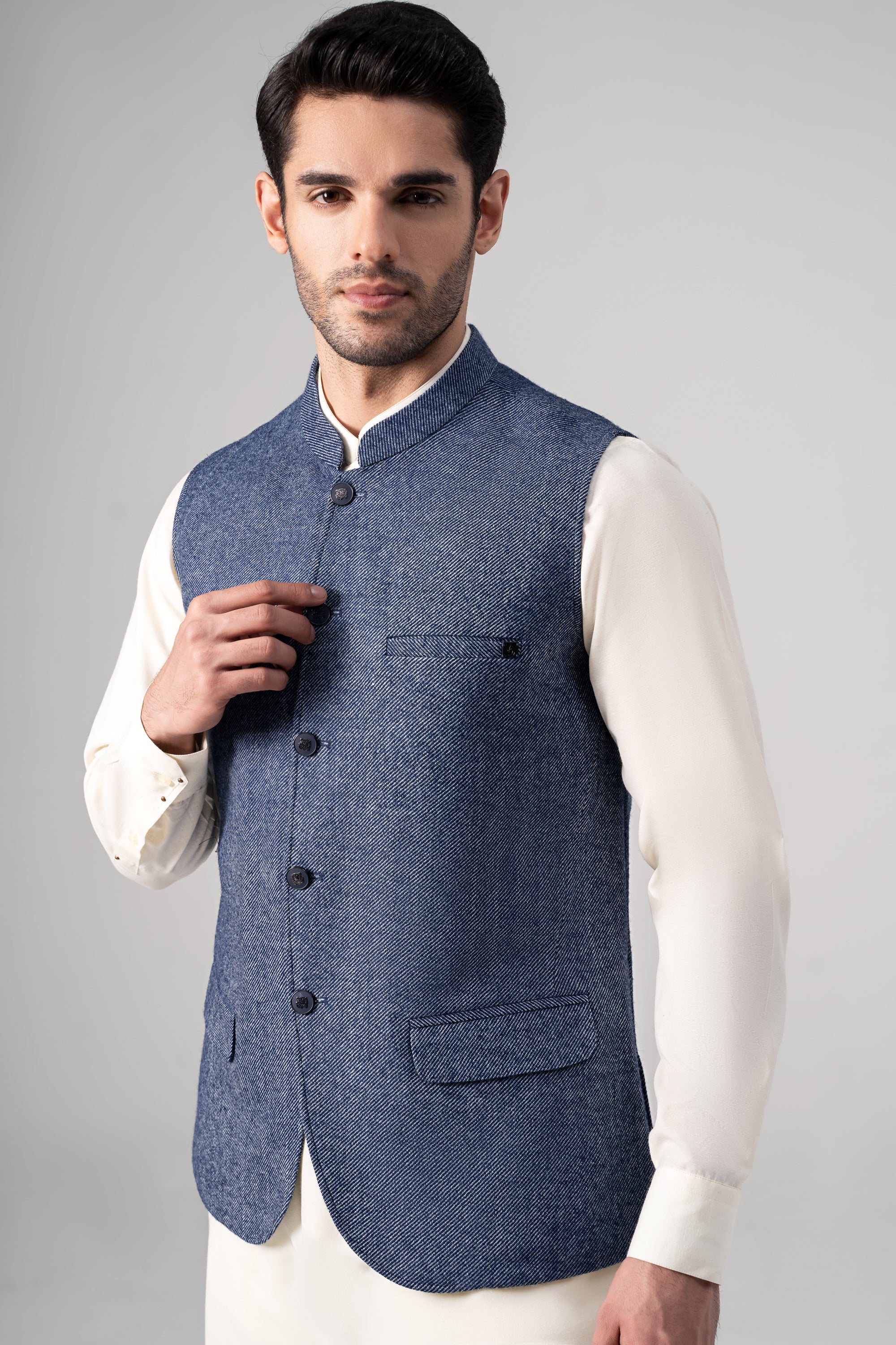 Textured Woolen Waistcoat - SIGNATURE COLLECTION INDIGO BLUE