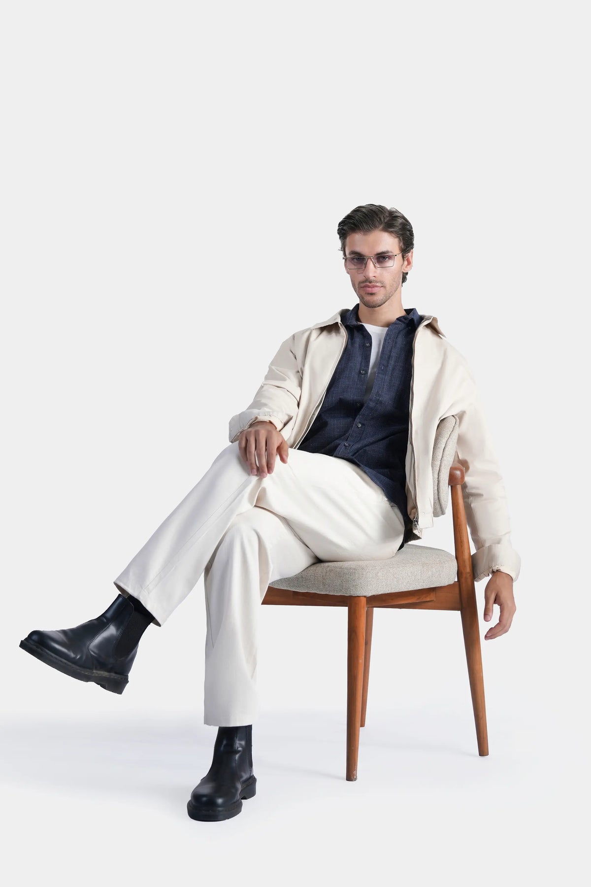Beige relaxed-fit full-sleeve jacket with stand collar and elastic hem