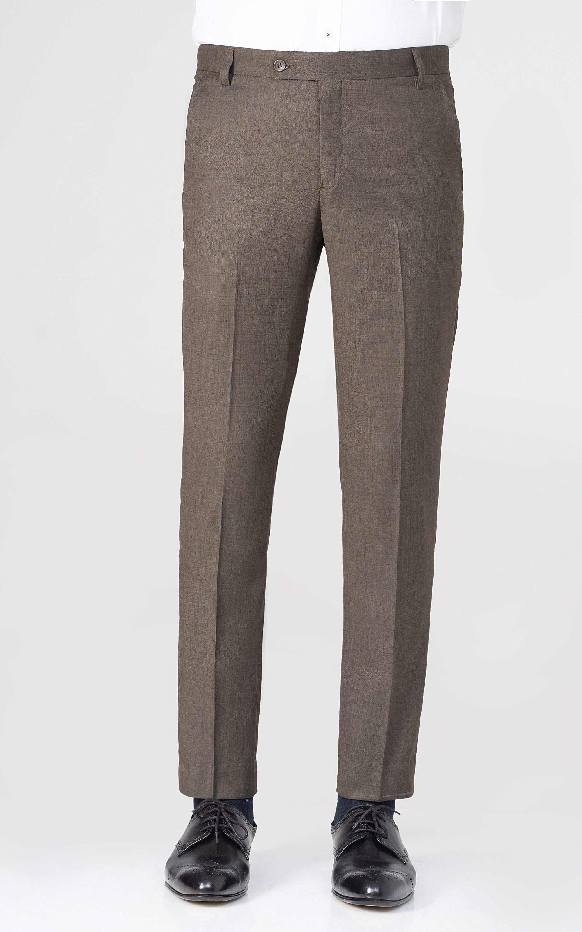 Olive dress pants with button-and-zip fly, belt loops, straight slim fit