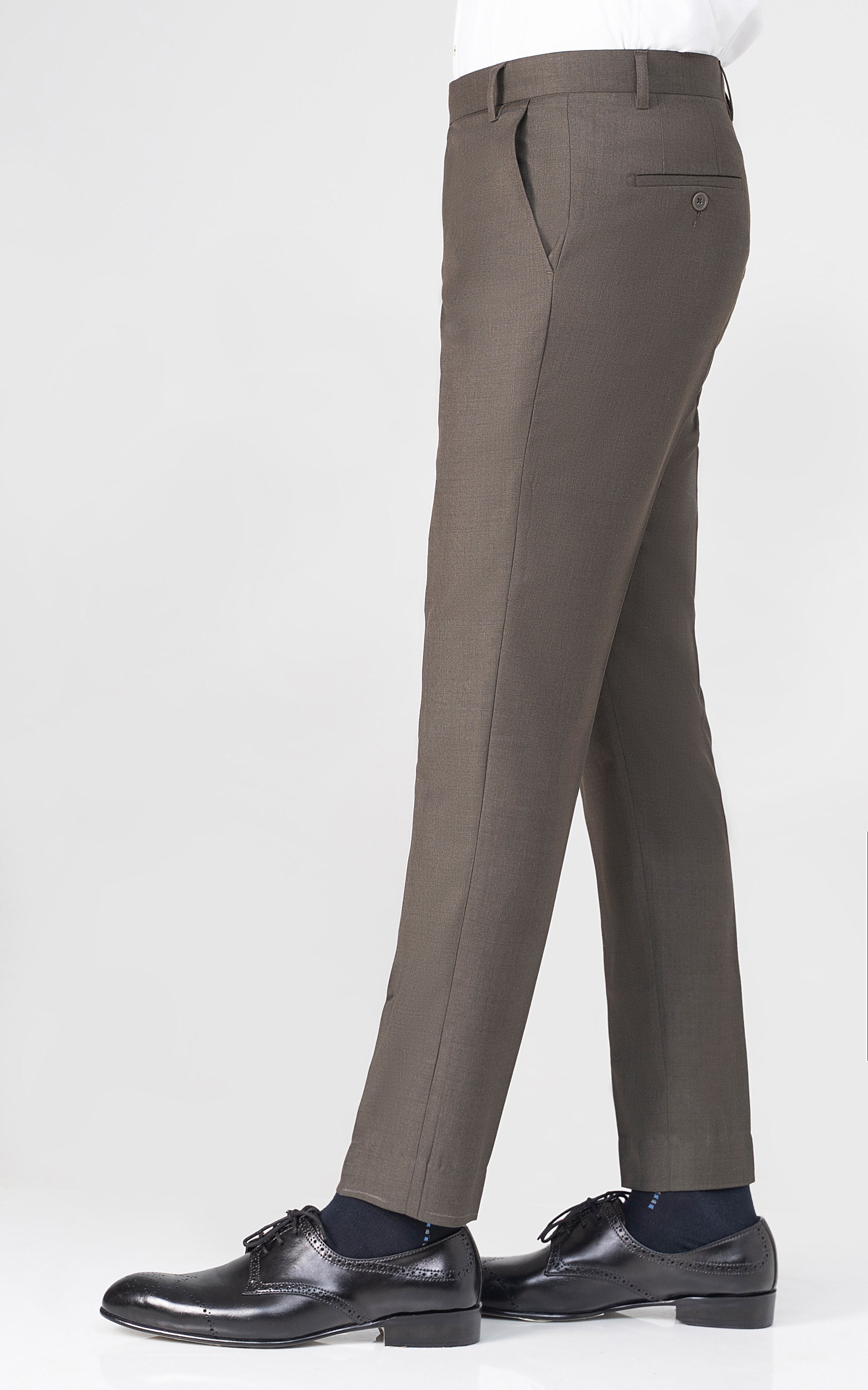 Olive dress pants with side pockets and pressed crease, slim straight leg