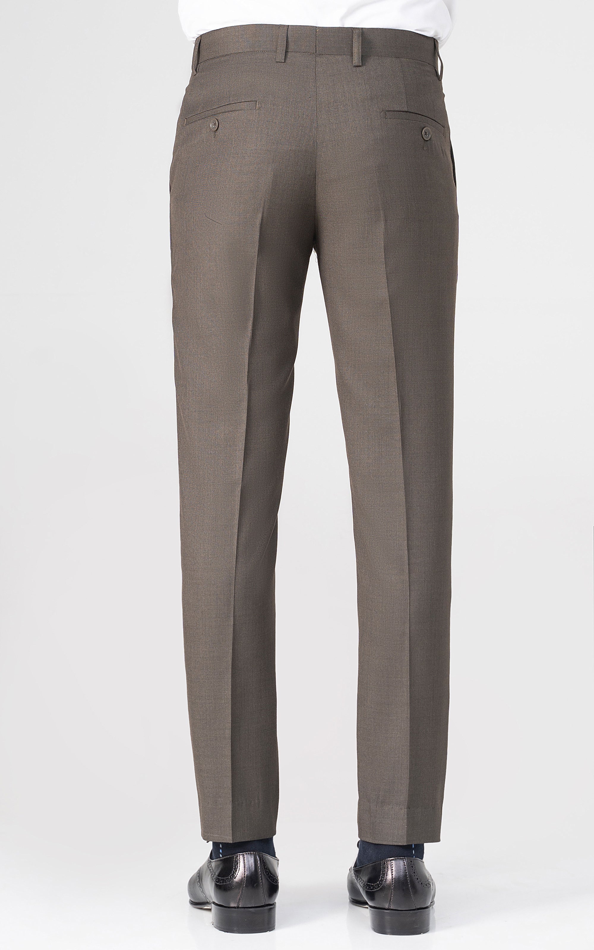 Olive dress pants with rear welt pockets and pressed front crease, slim straight