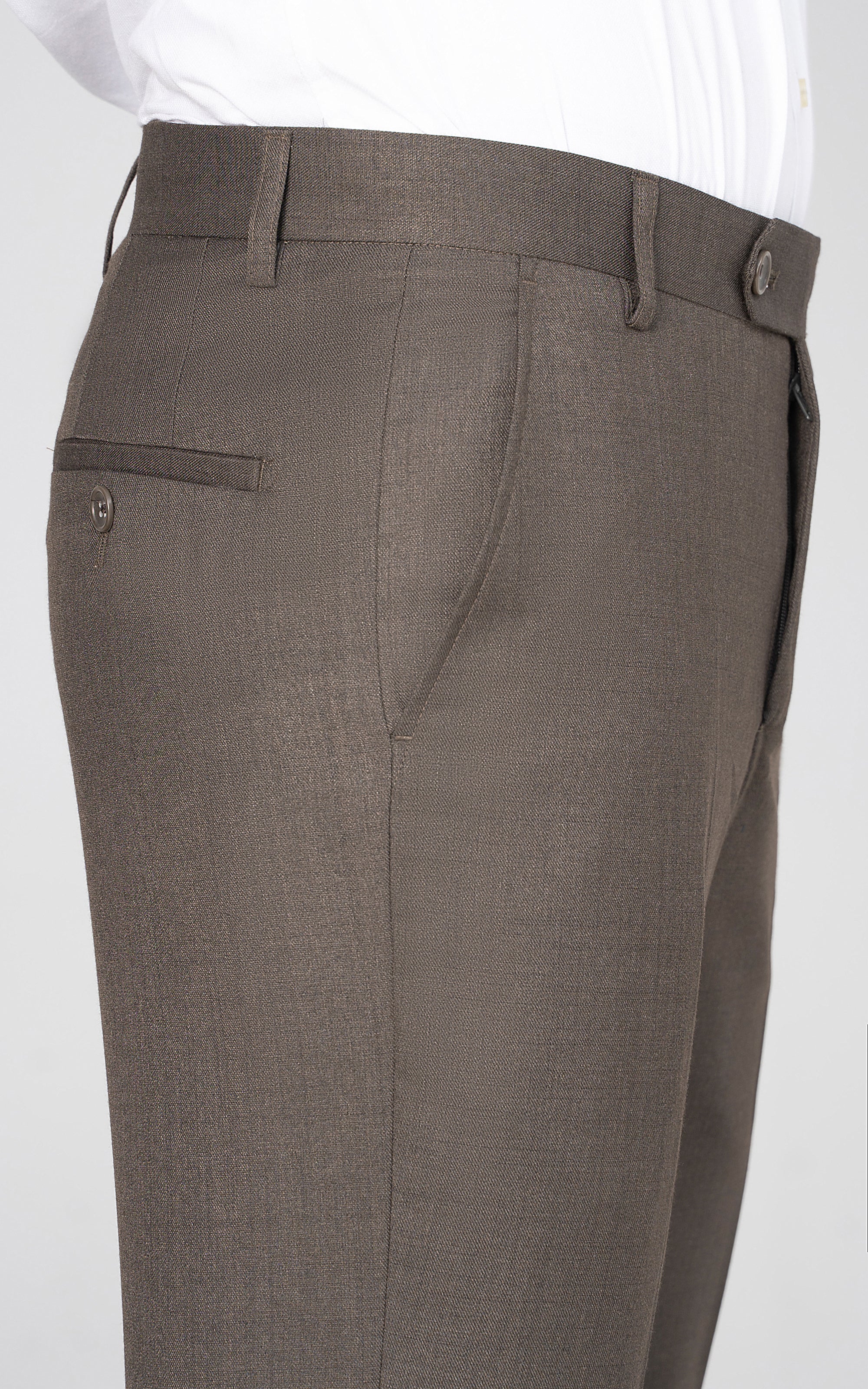 Olive dress pants waistband detail with belt loops and buttoned pockets