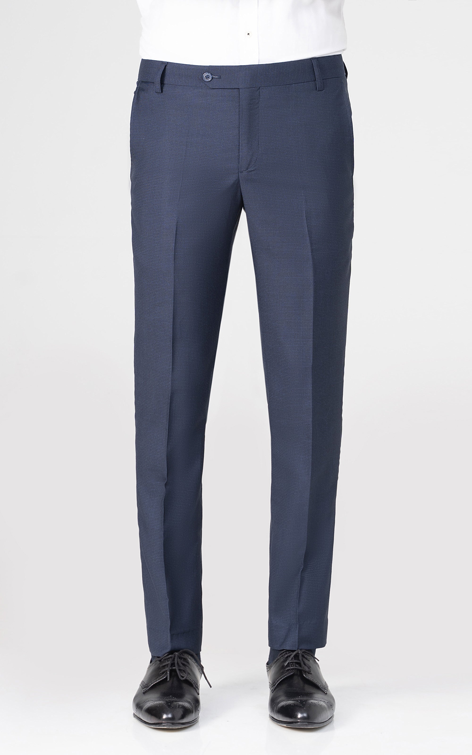 Navy dress pants with flat front and belt loops, tapered legs
