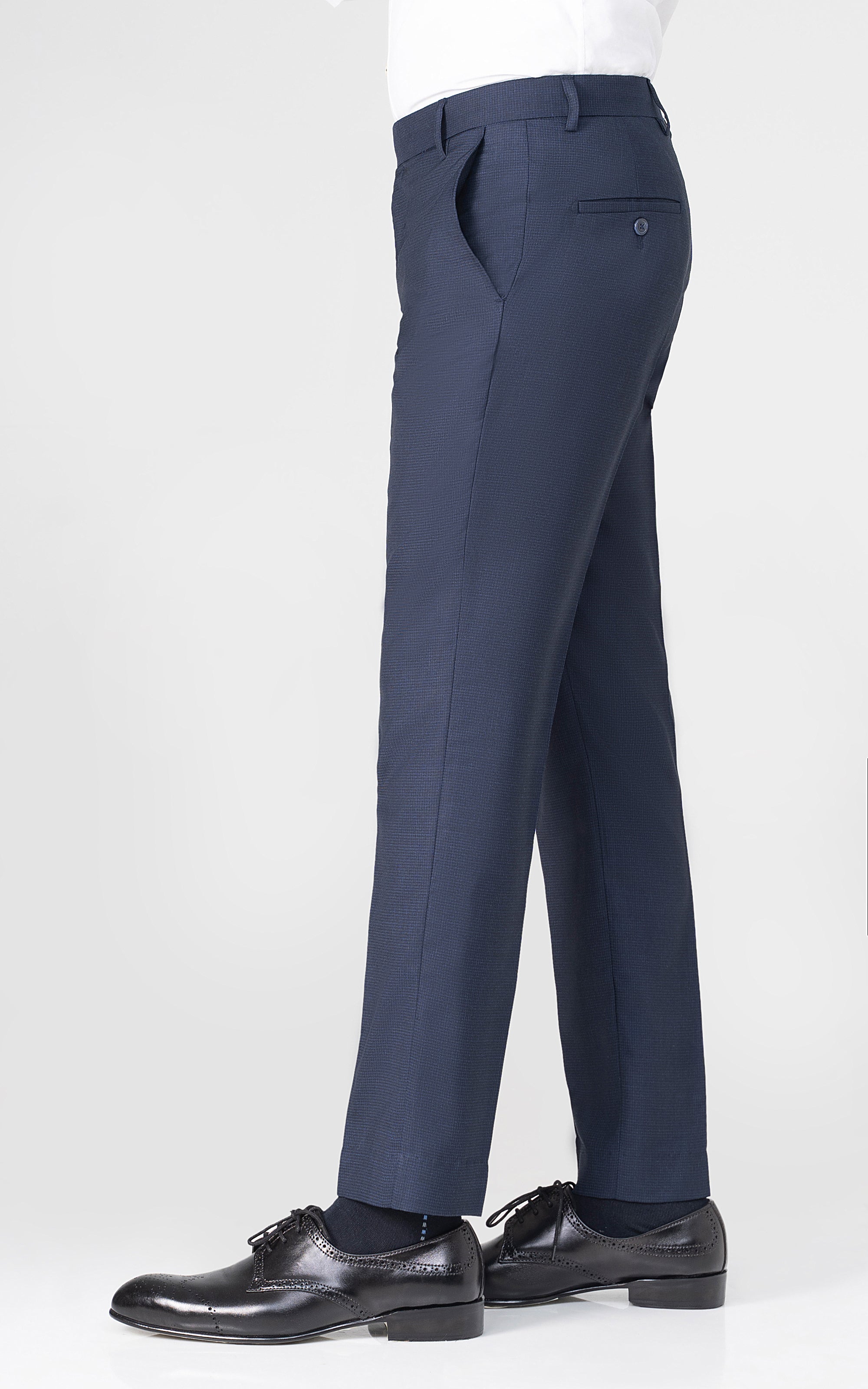 Navy dress pants, side pleat detail, cuffed hem and belt loops