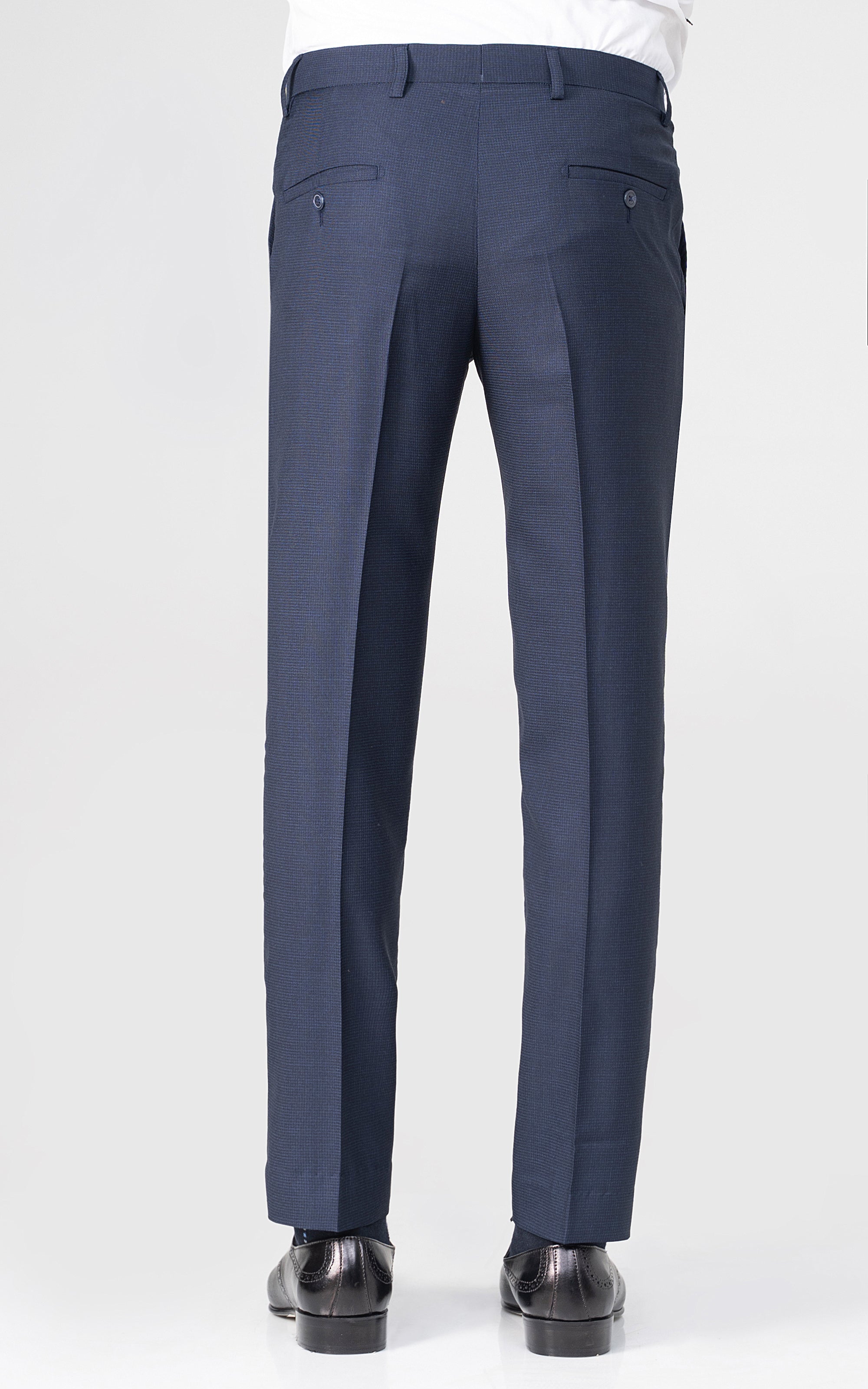 Navy dress pants back view with welt pockets and belt loops
