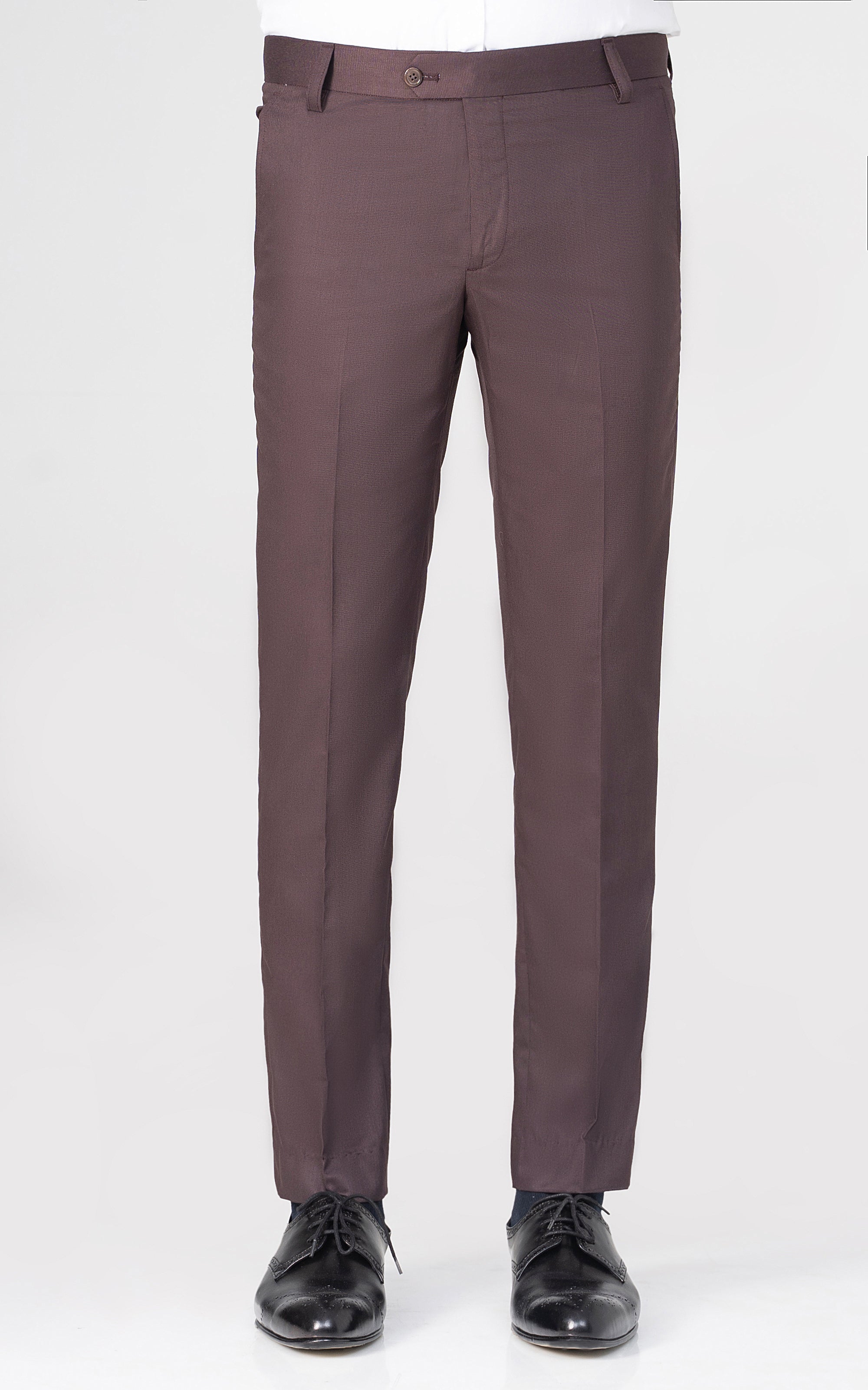 Burgundy dress pants with belt loops, flat front, and tailored ankle-length legs
