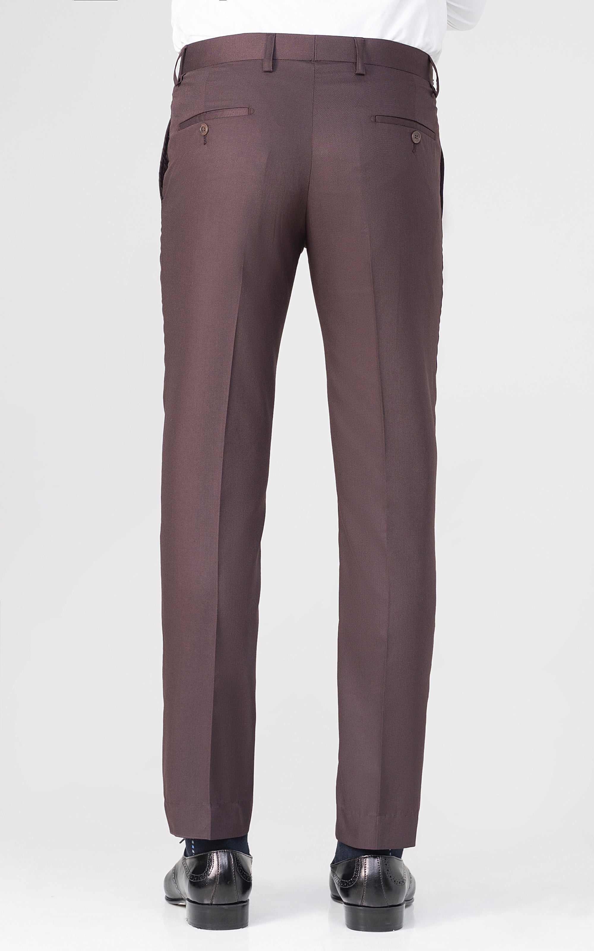 Burgundy dress pants back view with welt back pockets and belt loops