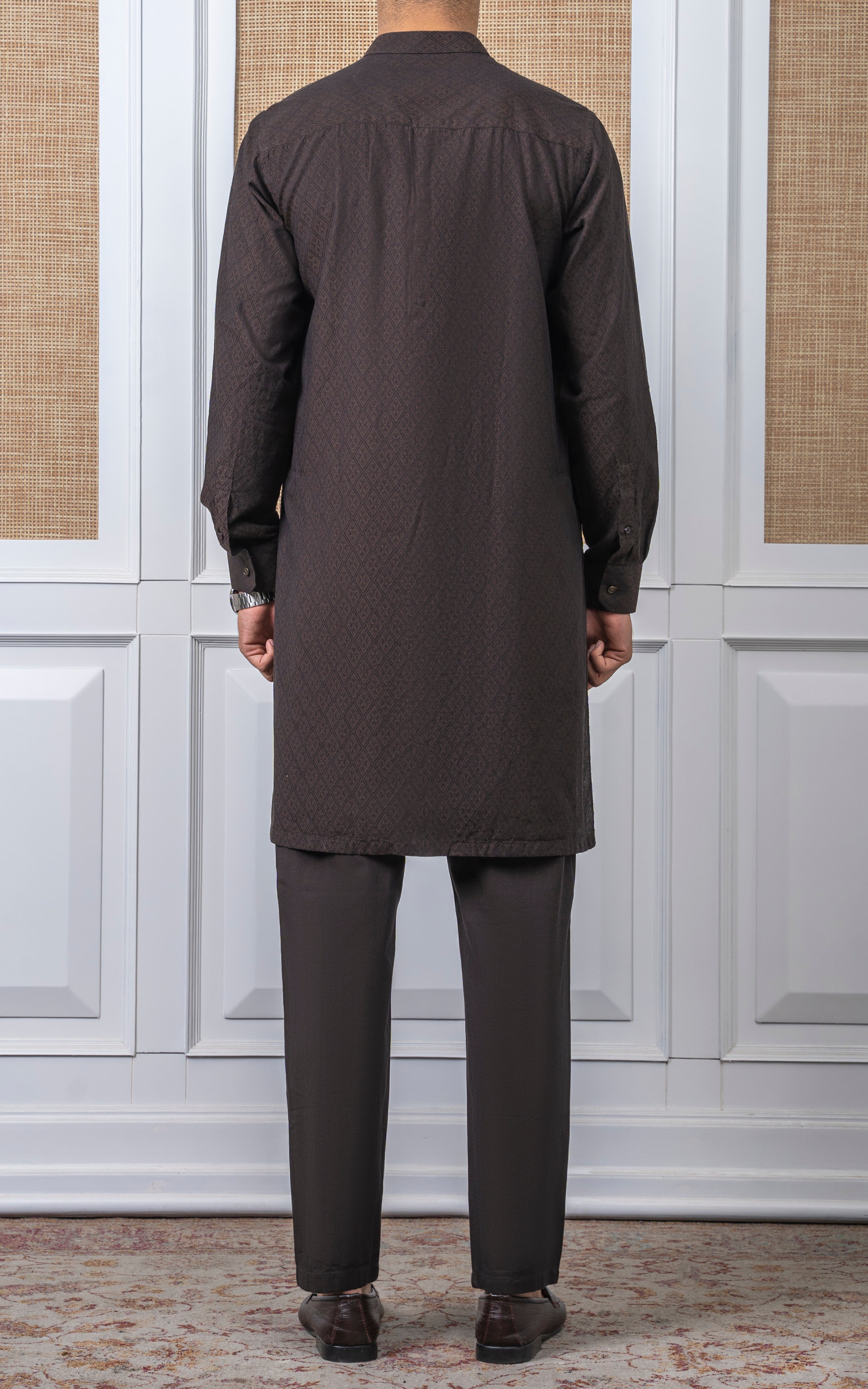 YARN DYED JACQUARD KURTA PAJAMA - SIGNATURE COLLECTION DARK BROWN