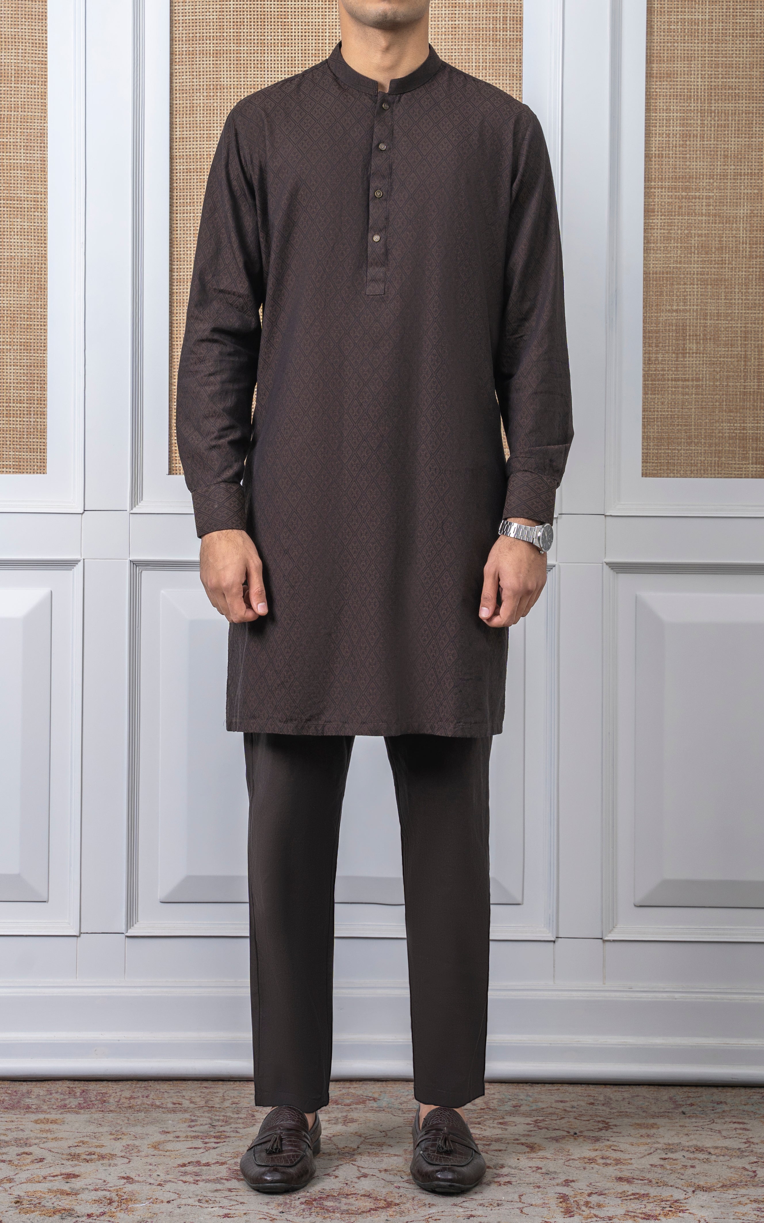 YARN DYED JACQUARD KURTA PAJAMA - SIGNATURE COLLECTION DARK BROWN