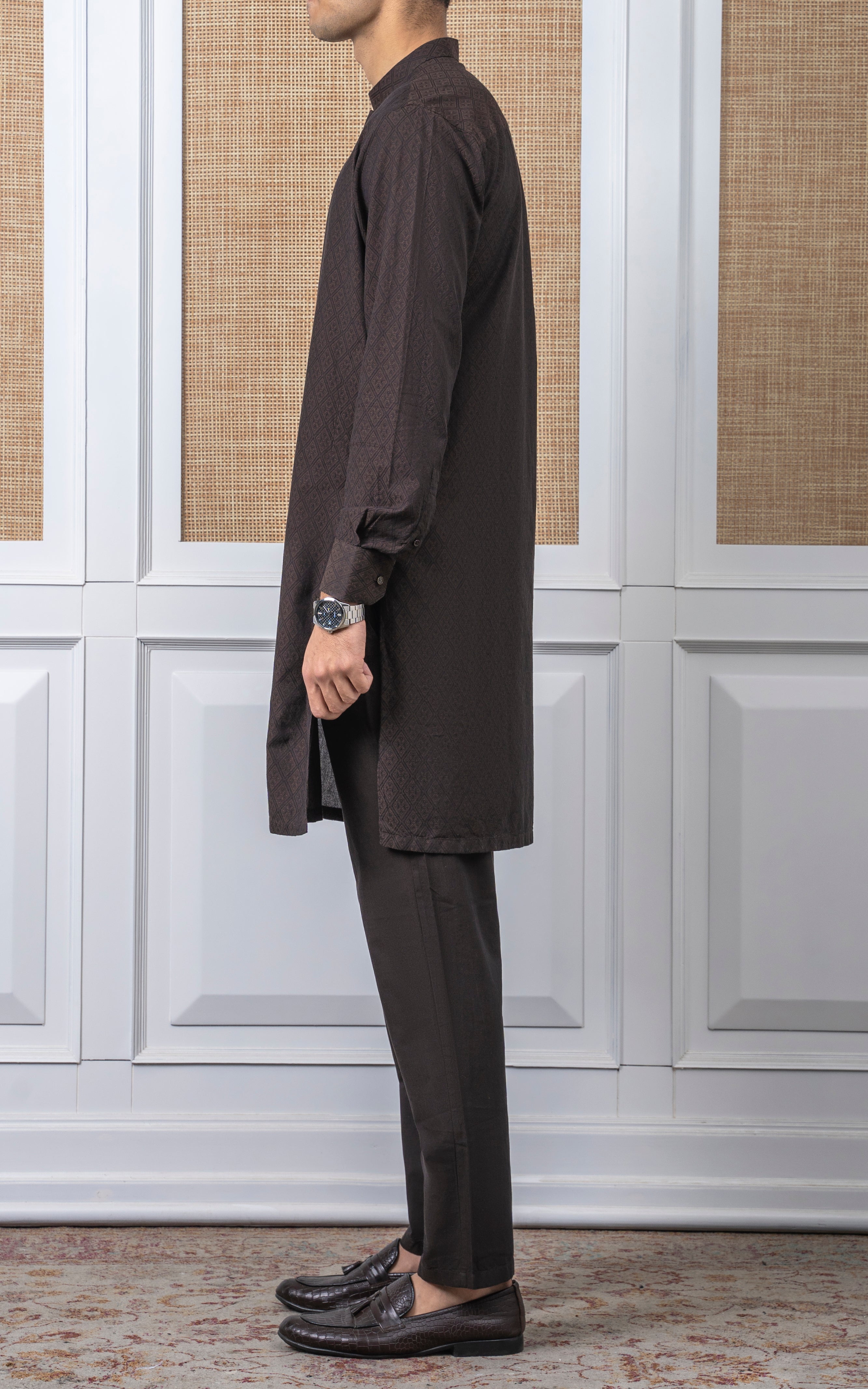 YARN DYED JACQUARD KURTA PAJAMA - SIGNATURE COLLECTION DARK BROWN